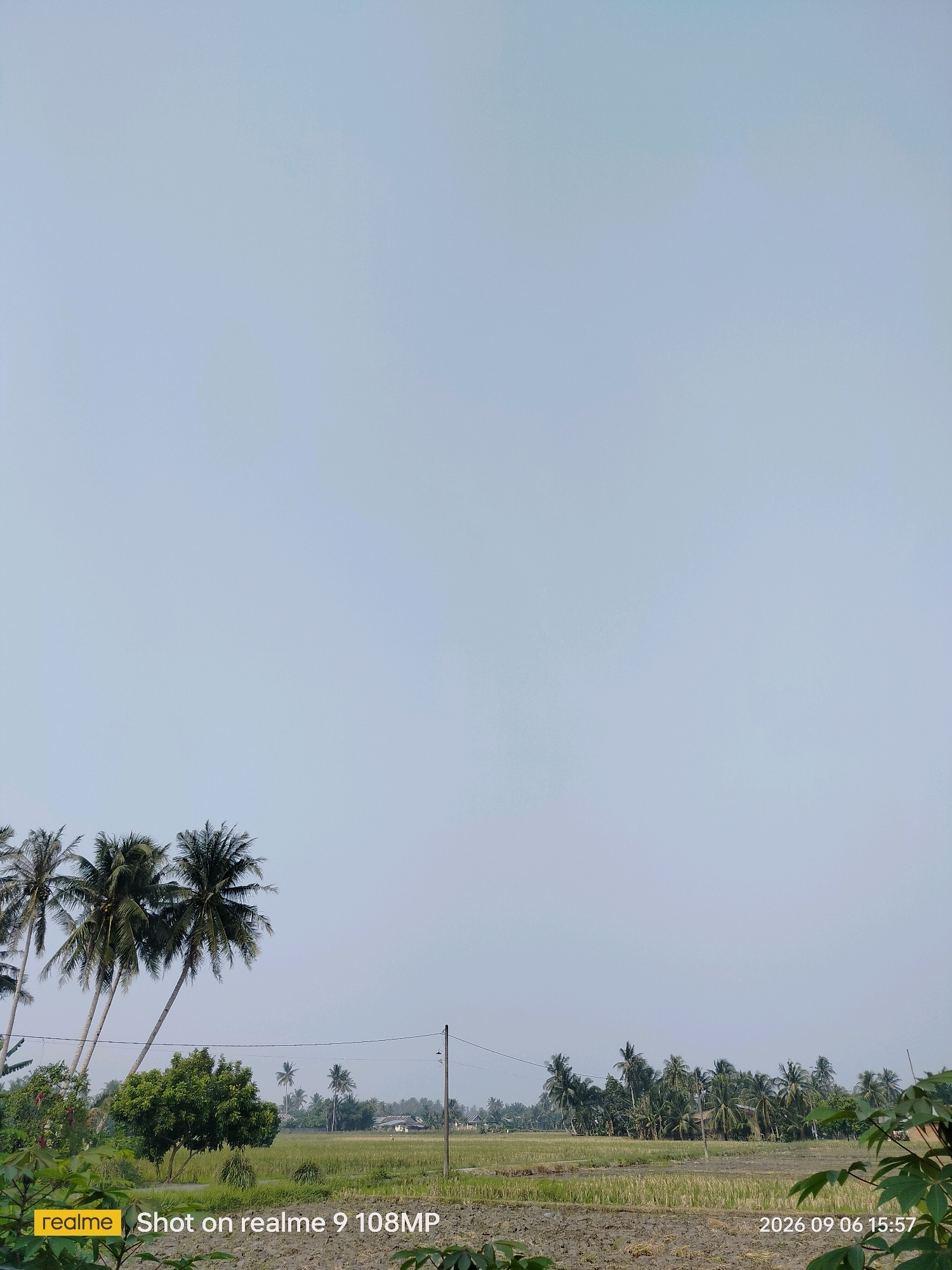 This is an outdoor, eye-level, medium shot image taken in the city of Melati II, Indonesia. The scene depicts a rural landscape with a prominent expanse of sky, a line of palm trees on the left, and a rice field in the middle ground. The sky is a hazy, pale blue, suggesting it is daytime, possibly late afternoon given the timestamp of 15:57.
In the foreground, to the left, several tall palm trees lean into the frame. Below them, lush green foliage is visible. In the center of the image, a single, smaller green tree stands out against the backdrop of the rice field. The rice field itself appears to be recently harvested or planted, with dark, wet soil and scattered stubble. Beyond the field, a dense line of palm trees stretches across the horizon, interspersed with smaller trees and some buildings. A thin utility pole with wires is visible in the middle ground, to the right of the central tree.
A watermark in the bottom left corner reads "realme Shot on realme 9 108MP", indicating the device used to capture the photo. In the bottom right corner, a timestamp "2026 09 06 15:57" is present. There are no people visible in the image. The overall impression is of a peaceful, agricultural environment under a muted sky.