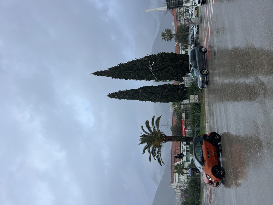 The scene depicts a wet, overcast day on an urban street in Budva, Montenegro, likely near the intersection of Ulica Žrtava fašizma and Bulevar Jadranski put or a central roundabout. Light precipitation, possibly sleet or snow, is visible as small white specs in the air. The asphalt road is thoroughly wet, showing reflections of the sky and surrounding objects.
In the immediate foreground, an orange and black Smart Fortwo coupe with black wheels is traveling from left to right on the multi-lane road. Further to the right and slightly behind, a dark grey station wagon or SUV is also on the wet road, positioned near a white-painted pedestrian crossing. Several other vehicles are visible further down the road to the right.
To the left, a single individual is visible, holding a black umbrella, standing on the sidewalk or shoulder area adjacent to a white building with a red-tiled roof. This building, along with others in the background, features commercial signage, including a red sign that reads "INFORMATION POINT" and another partially visible "MASTER POINT."
The central median of the road contains landscaping, including a medium-sized palm tree with yellowish-orange fruit clusters and two very tall, slender dark green cypress trees. Traffic lights are visible, showing a red signal to the left. In the background, low-rise buildings with red-tiled roofs are set against a backdrop of mountains partially obscured by heavy mist or clouds. A tall, modern white sculptural element is present on the far right of the scene. The lighting is diffused and dim, consistent with heavily overcast conditions.