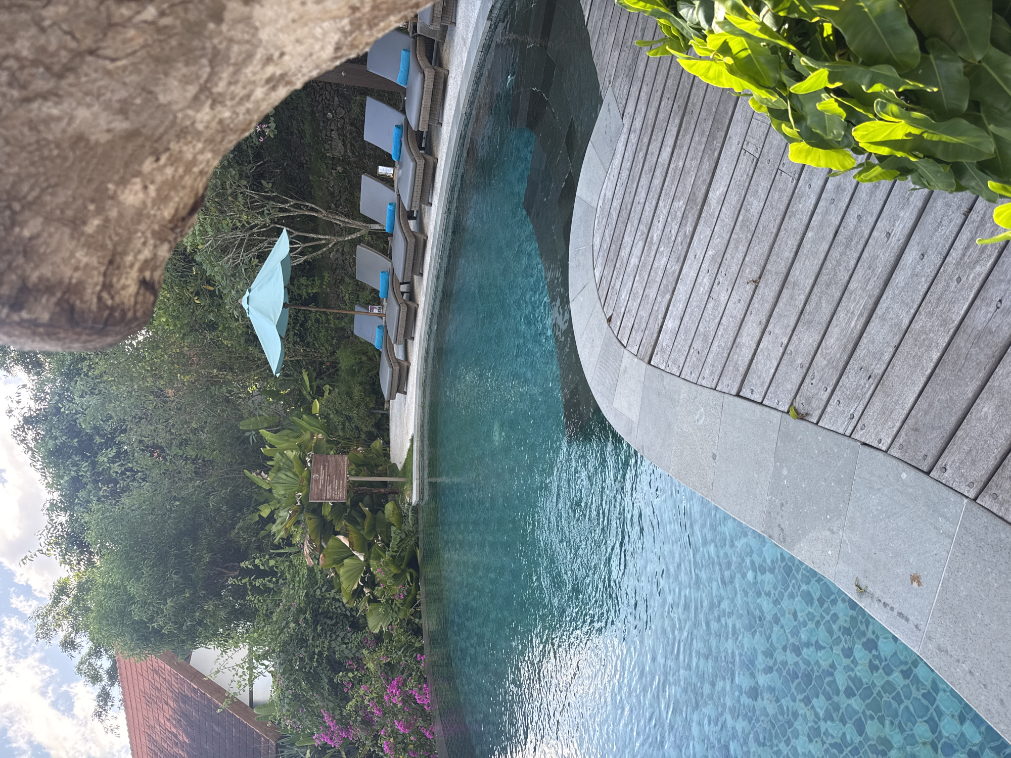 This detailed image depicts a resort swimming pool area in Nusa Penida, Indonesia. The central subject is an irregularly shaped outdoor swimming pool with vibrant teal-blue water, featuring light blue mosaic tiling on the bottom. The pool is bordered by a light grey stone coping. Adjacent to the coping on the right, a curved wooden deck, constructed from parallel planks, extends into the foreground.
Behind the pool, on a light-colored paved surface, seven identical dark grey woven rattan sun loungers with light grey cushions are arranged in a semicircle. Each lounger is adorned with a neatly folded light blue towel. An open light teal-blue sun umbrella stands upright between two of the loungers on the left side of the arrangement. No individuals are present in the scene.
The entire area is enveloped by lush, dense tropical vegetation. On the far left, vibrant pink and purple bougainvillea flowers are in bloom. Various broad-leafed plants, including fan palms, and tall green trees form a natural backdrop. A wooden sign, mounted on a post, is partially visible amidst the foliage behind the pool, to the left of the sun loungers. In the upper left background, a portion of a building with a reddish-brown tiled roof and a white gable wall is discernible above the trees. A large, out-of-focus brown tree trunk frames the upper right corner of the image.
The sky in the upper left shows scattered white cumulus clouds against a pale blue backdrop. Natural daylight illuminates the scene, casting soft shadows. Closer inspection reveals two small green lizards on the grey stone coping near the pool edge, and another small object on the wooden deck. Bright green foliage with prominent leaves is visible in the bottom right foreground.
