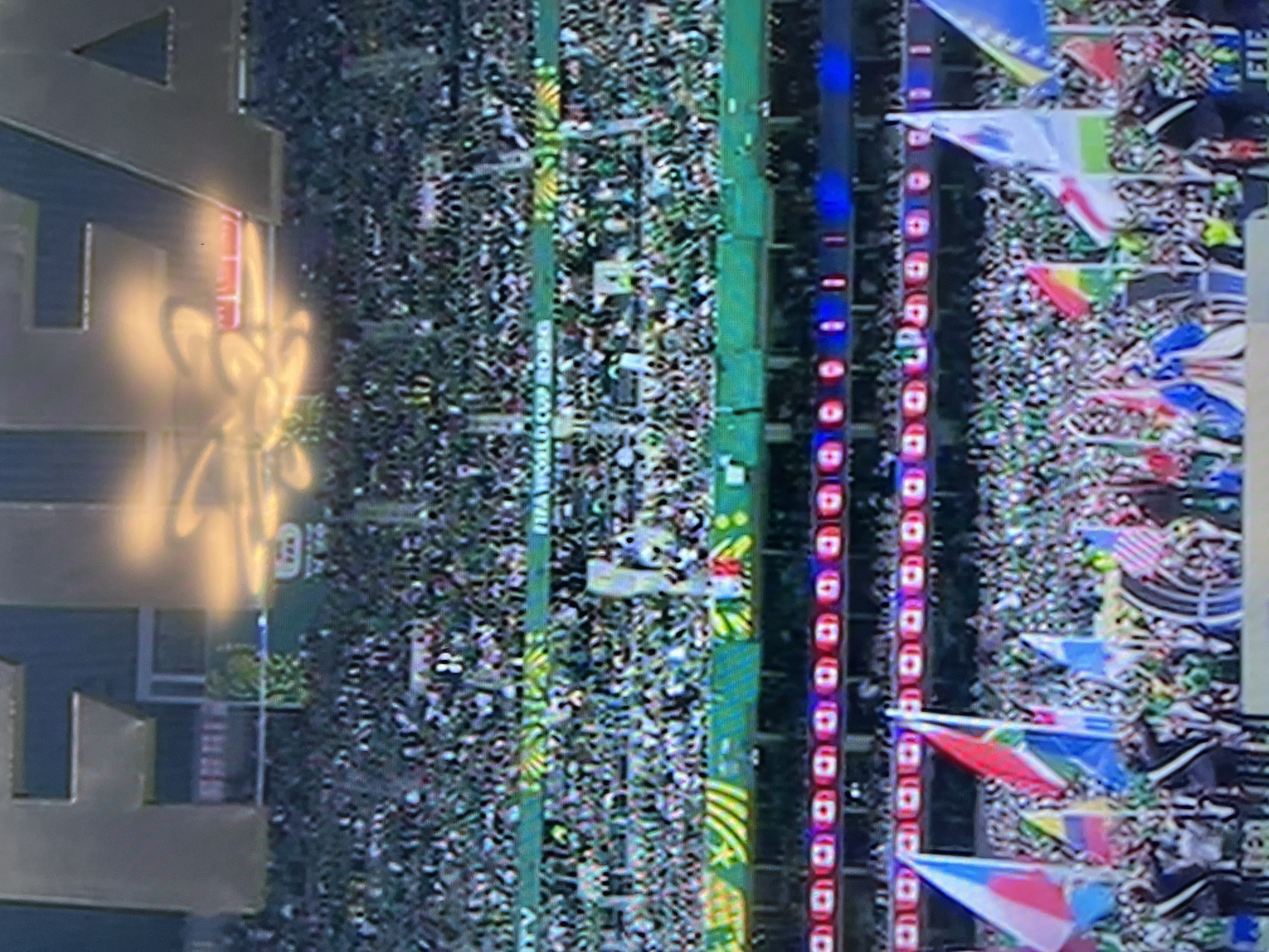 A wide shot captures a stadium filled with a large crowd. Above the stands, golden letters spell out "FIFA". In the foreground, several flags are held aloft, including one with red, white, and blue stripes, and another with red, yellow, and green bands. People in dark attire stand near the flags, some holding them. The stadium is illuminated, and the crowd is densely packed, suggesting a significant event. The context appears to be a sporting event, possibly a tournament opening or closing ceremony.