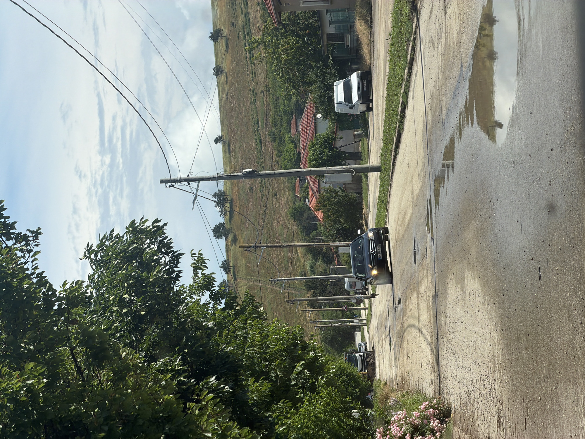 This image captures a rural street scene in Iskar, Bulgaria, likely taken during the daytime after a recent rainfall. The photograph is oriented vertically, showing a paved road stretching uphill into the distance, flanked by a hillside on one side and houses and trees on the other.
The road surface is visibly wet in places, with several large puddles reflecting the sky and surrounding elements, and shows signs of wear with potholes. Along the left side of the road (as viewed corrected), numerous utility poles with multiple wires extend upwards and into the distance.
On the left side of the road, there's dense green foliage from trees and bushes in the foreground, leading up to a steep, dry grassy hillside dotted with smaller trees and scattered houses featuring traditional red-tiled roofs. On the right side, closer to the viewer, there's a grassy verge with some pink flowering plants.
Several vehicles are present on the road, heading uphill. In the mid-ground, a dark Mercedes-Benz van or MPV with its headlights illuminated is visible. Its license plate, "EH 2050 AE," is clearly readable, identifying it as a Bulgarian vehicle from Pleven Province. Further up the road, a white van, possibly an older model, is parked or moving slowly, with its license plate "BH 3850 A" partially visible (Lovech Province). An excavator or backhoe is also seen further up, suggesting ongoing construction or repair work. The sky overhead is partly cloudy.