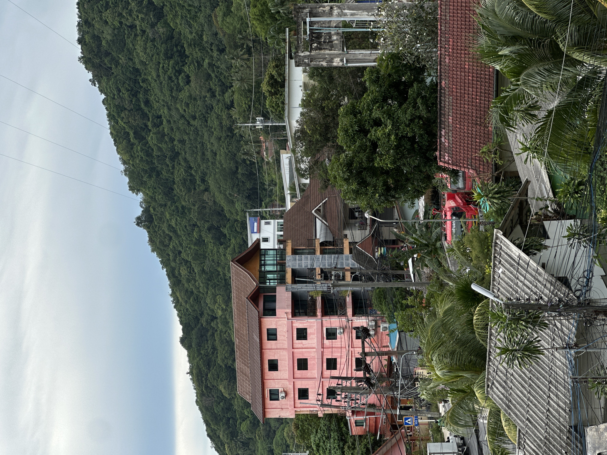 The image depicts a cluttered urban scene in Karon, Thailand, dominated by a vibrant pink, multi-story building situated against a backdrop of lush, densely forested hills. Power lines crisscross the frame, creating a chaotic network above a variety of structures, including houses with red tile roofs, and other buildings with white and orange facades. A red truck, possibly a fire engine, is visible parked behind some foliage. The foreground is filled with the tops of palm trees and the corrugated roofs of houses. The sky is overcast, suggesting a cloudy day.