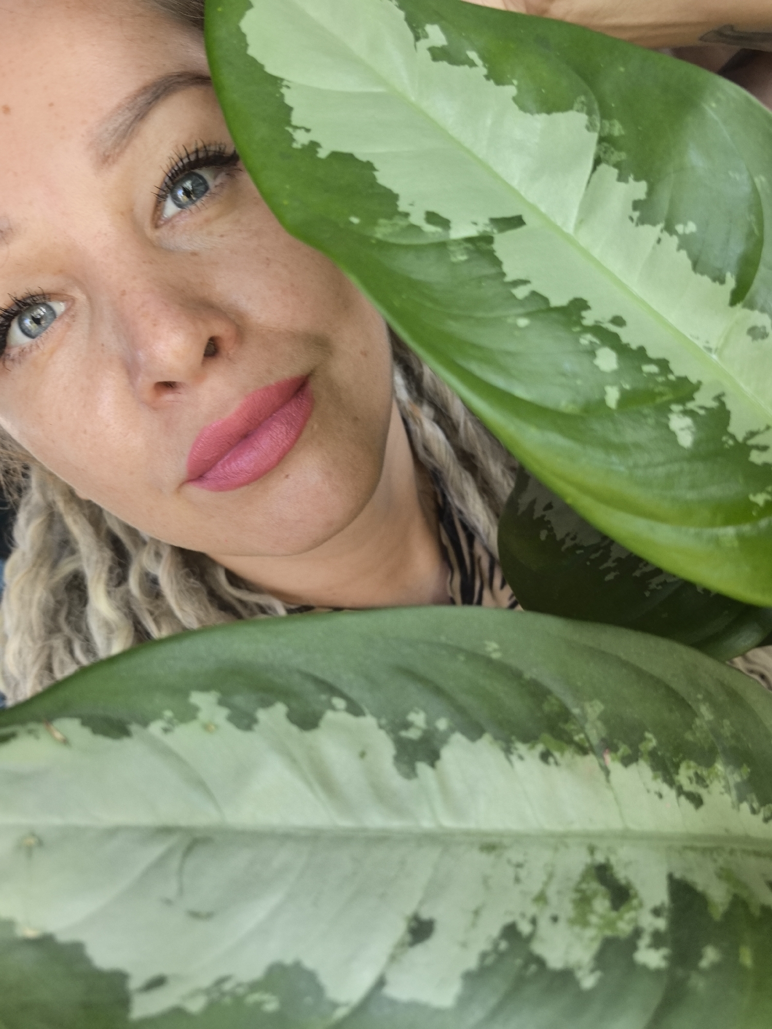 A close-up, indoor shot depicts a woman with fair skin, light eyes, and pink lipstick partially obscured by two large green leaves. The leaves are variegated with lighter green and white patterns. The woman's face is angled slightly to the left. Her blonde, braided hair is visible on the left side of the frame. A patterned garment is visible in the background. The scene appears to be indoors. The specific location in Noviy, Russia is not discernible from the provided image.