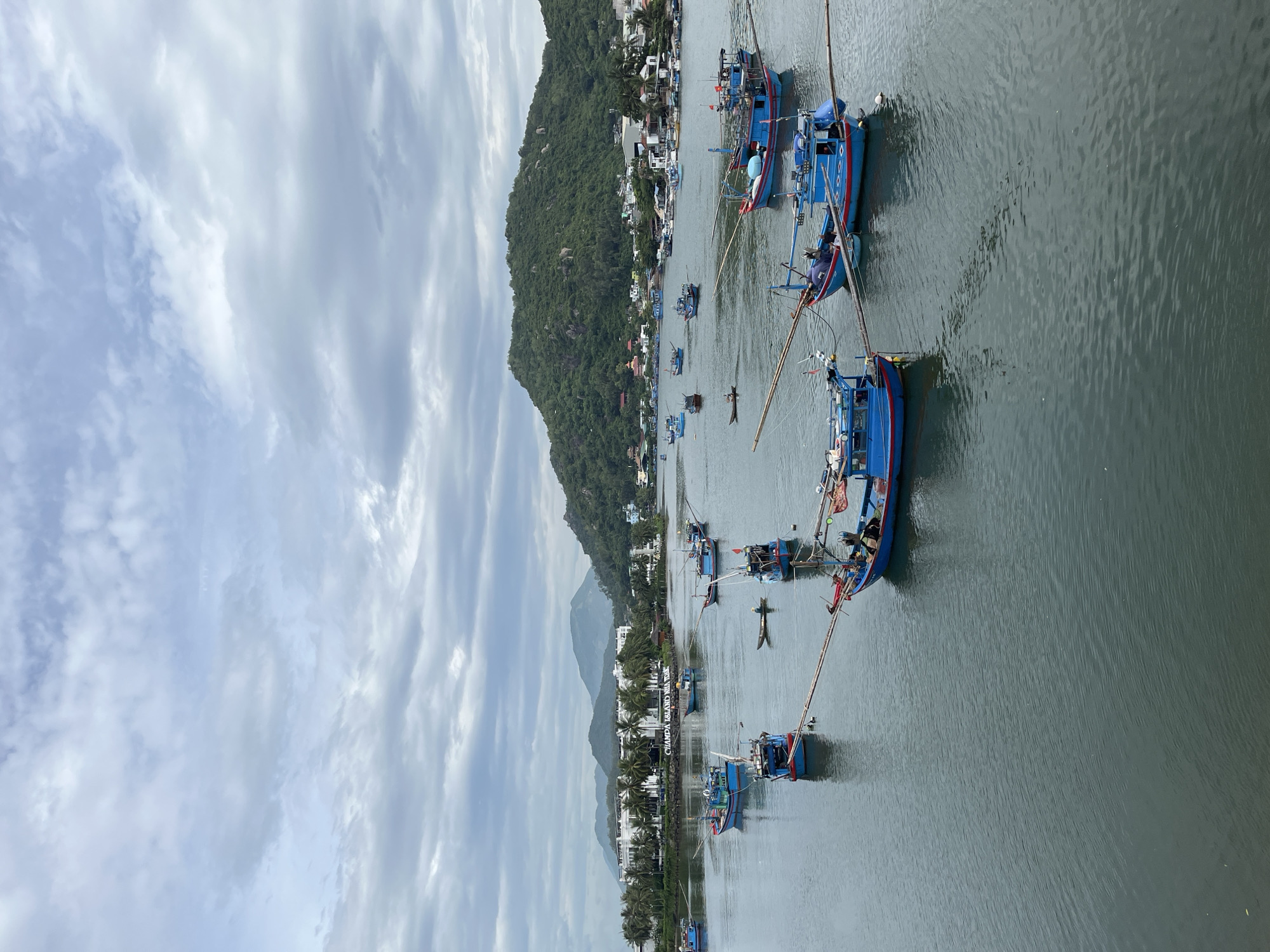 The image depicts a wide body of water, likely a river or bay, in Nha Trang, Vietnam, with numerous blue fishing boats of varying sizes scattered across the surface. In the background, a lush green hill rises, dotted with trees and buildings, suggesting a coastal or riverside urban environment. A large white building with palm trees in front of it is visible on the left side of the background, along with other structures and a sign that reads "CHAMPA ISLAND NHA TRANG." The sky is overcast with gray clouds, casting a diffused light over the scene. The water is calm, reflecting the cloudy sky and the boats. Some boats appear to be docked or anchored, while others are in motion, with a few solitary figures visible on some of the vessels. The overall impression is one of a working harbor or fishing village.