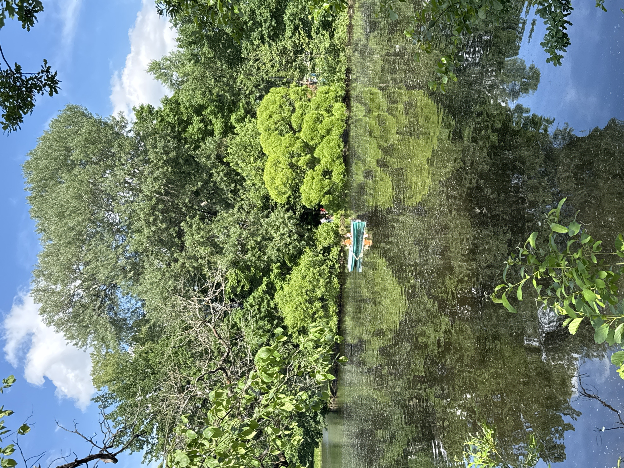 The image depicts a serene lake scene on a sunny day with scattered white clouds against a blue sky. Lush green trees and foliage line the shore, with some branches extending over the water. In the center of the lake, a small teal-colored boat with two occupants is visible, their reflections shimmering on the water's surface. The lake is dark and still, with gentle ripples disturbing the reflections of the surrounding greenery and sky. The scene appears to be from a park or natural area within a city. The presence of a lake and extensive greenery suggests a park setting within Saint Petersburg, Russia.