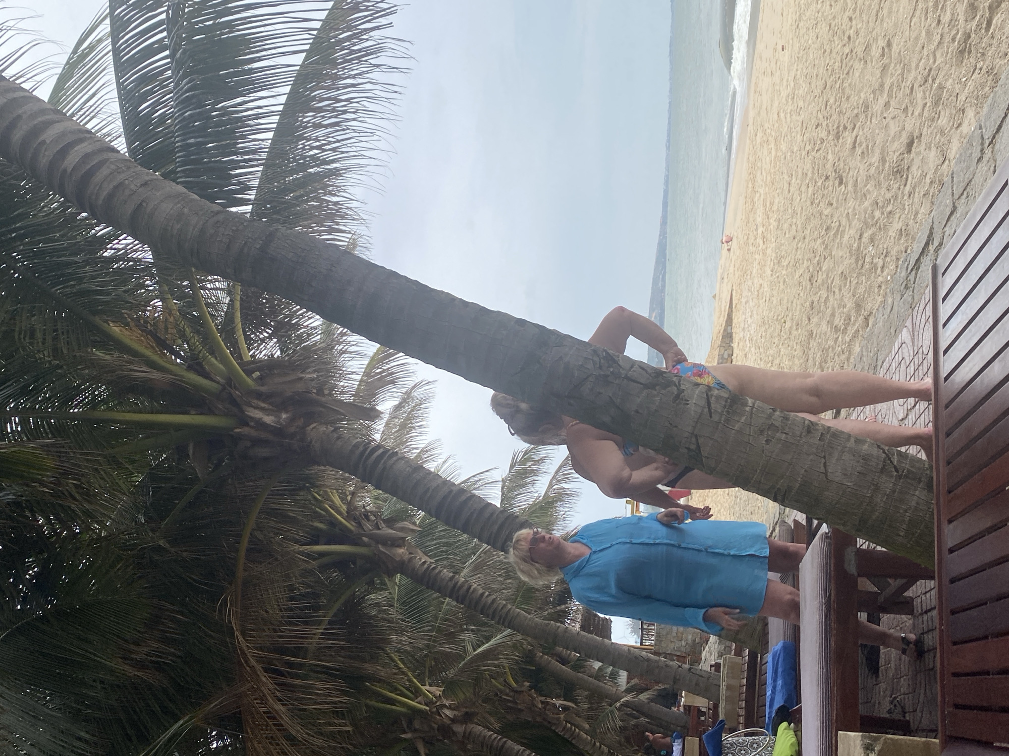 In Mũi Né, Vietnam, two women are observed on a beach situated beneath a cluster of palm trees. The woman on the left, wearing a blue long-sleeved shirt and glasses, stands by a wooden table and chairs. To her right, another woman, partially obscured by a palm tree trunk, is seen from the waist down, wearing a bikini with a floral pattern. The beach itself features a sandy expanse leading to the ocean, with visible waves and a hazy horizon. The scene suggests a relaxed atmosphere, typical of a tropical resort.
