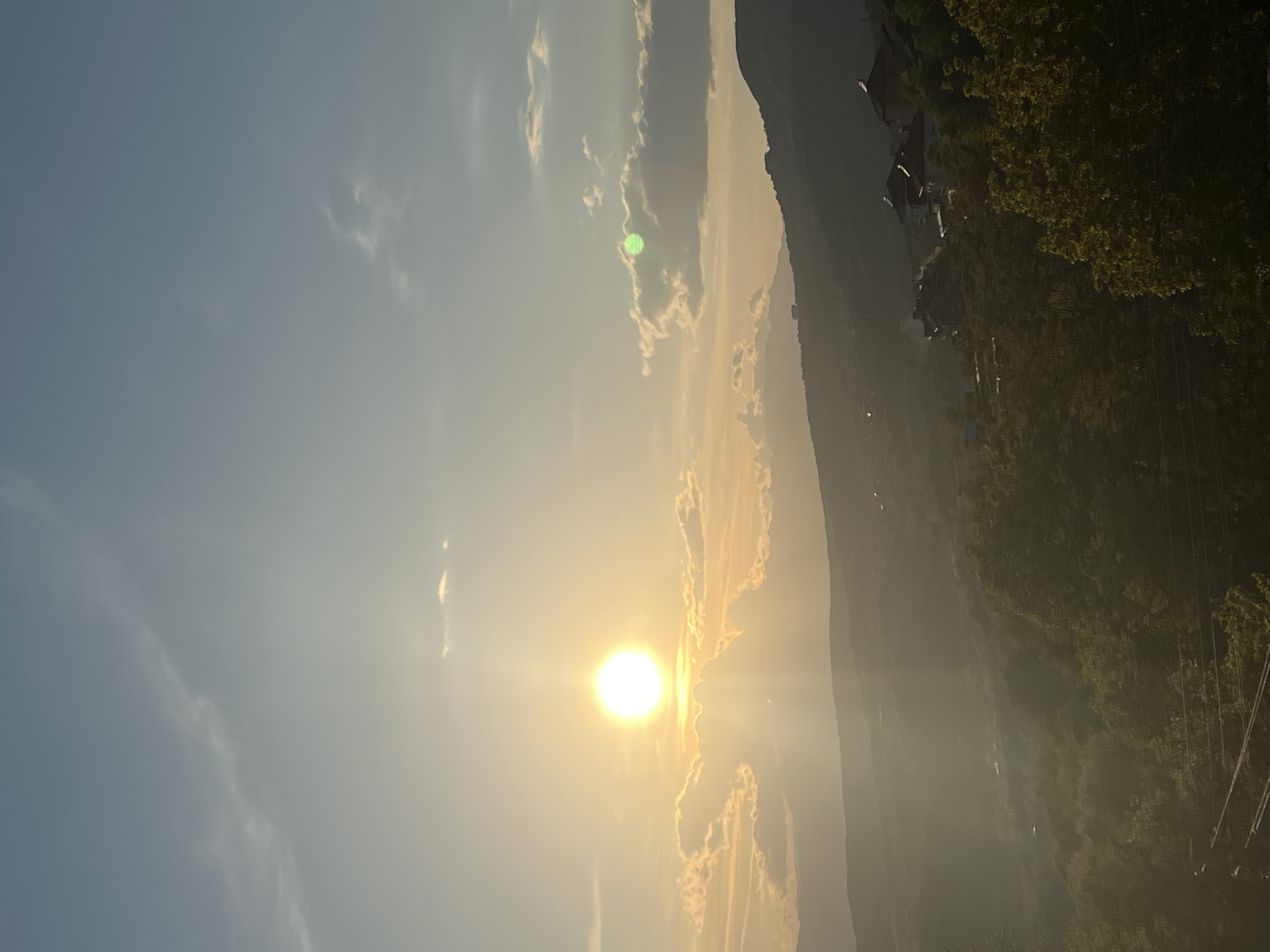 The image, presented vertically, depicts a tranquil mountain landscape bathed in the warm light of a low-angled sun, suggesting either a sunrise or sunset. The sky occupies the left and central parts of the frame, featuring a brilliant, circular sun positioned centrally within this expanse. The sun emits a strong, golden glow and a prominent lens flare. Wispy clouds are scattered across the sky, with those closer to the sun appearing illuminated in warm orange and yellow, while the sky further away transitions to a soft blue-gray.
To the right of the sky, mountains rise, their peaks softly silhouetted or gently illuminated, appearing hazy in the distance. The mountain slopes are densely covered with dark green trees, forming a thick forest. Small, dark buildings or houses are faintly visible nestled within the foliage on the distant slopes. On the far right, partially obscured by trees, some faint lines, possibly power lines or utility poles, are visible.
The overall scene evokes a sense of serenity and natural beauty characteristic of a rural, mountainous area like Kribul, Bulgaria. There are no people visible, and no discernible text.