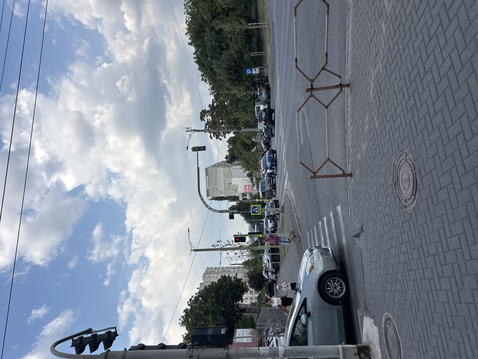 An exterior, eye-level, medium shot captures a street intersection in Chișinău, Moldova, on a cloudy day. A light-colored sedan is stopped at a pedestrian crossing, its front right wheel just touching the white stripes. To the left of the car, a traffic light is visible, as well as a traffic signal pole with multiple lights, and a blue and yellow pedestrian crossing sign. A woman and a child are walking on the sidewalk to the left of the crossing. Several other cars are visible in the background, and a bus is partially obscured behind them. Trees and buildings line the street. A metal barrier is positioned in the foreground, separating the sidewalk from the road.