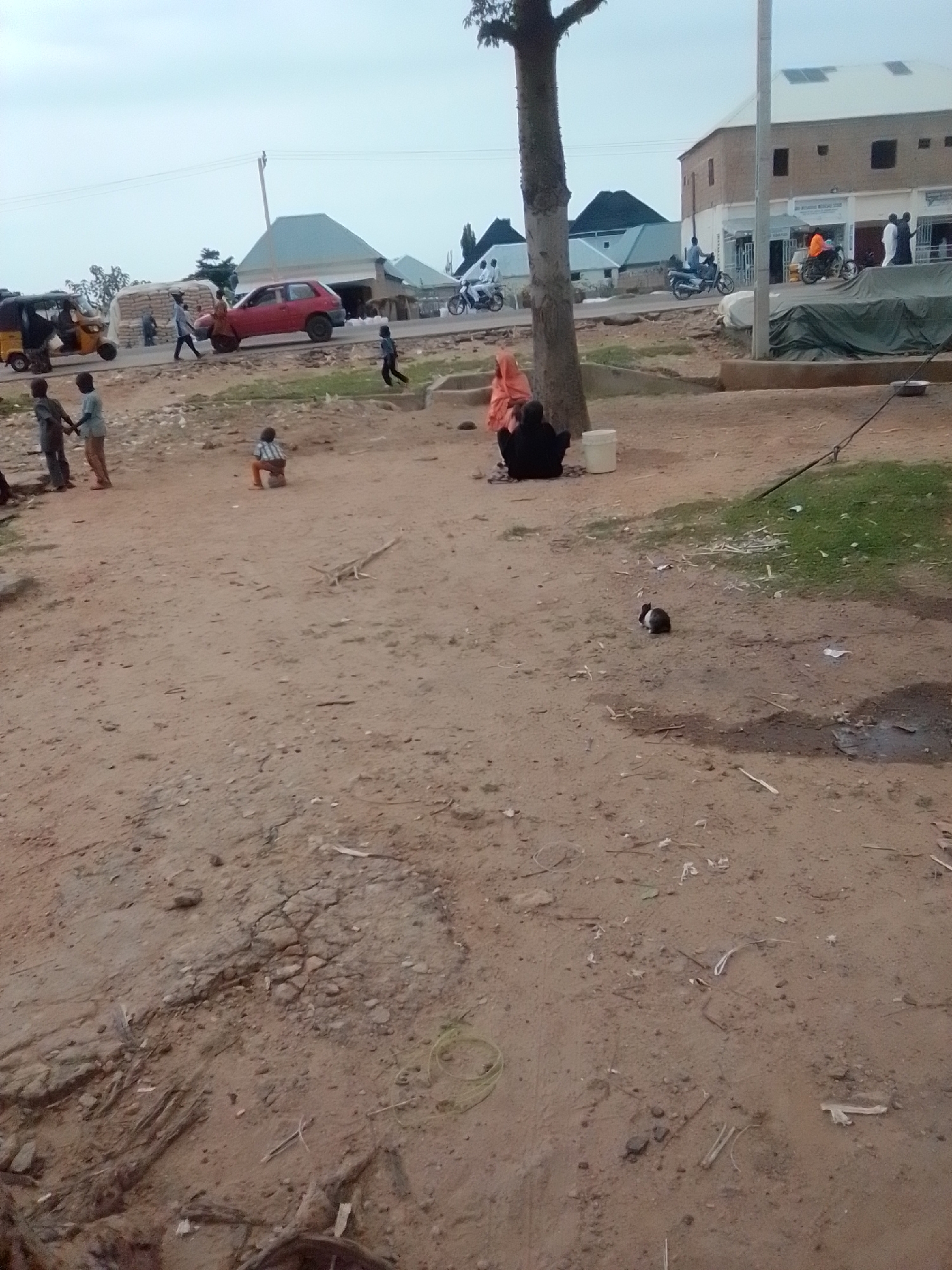 A scene in Pantame, Nigeria, shows a dirt road with scattered debris and a few people. In the foreground, a small, dark and white animal, possibly a rodent, is visible on the ground. To the left, three young boys stand together. Further back, a person in an orange headscarf sits with their back to the camera, next to a white bucket. A small child is seen playing on the ground near a red car. Across the road, there are buildings, some with awnings, and several motorcycles. Bags of what appear to be cement or grain are stacked on the side of the road. The sky is overcast.