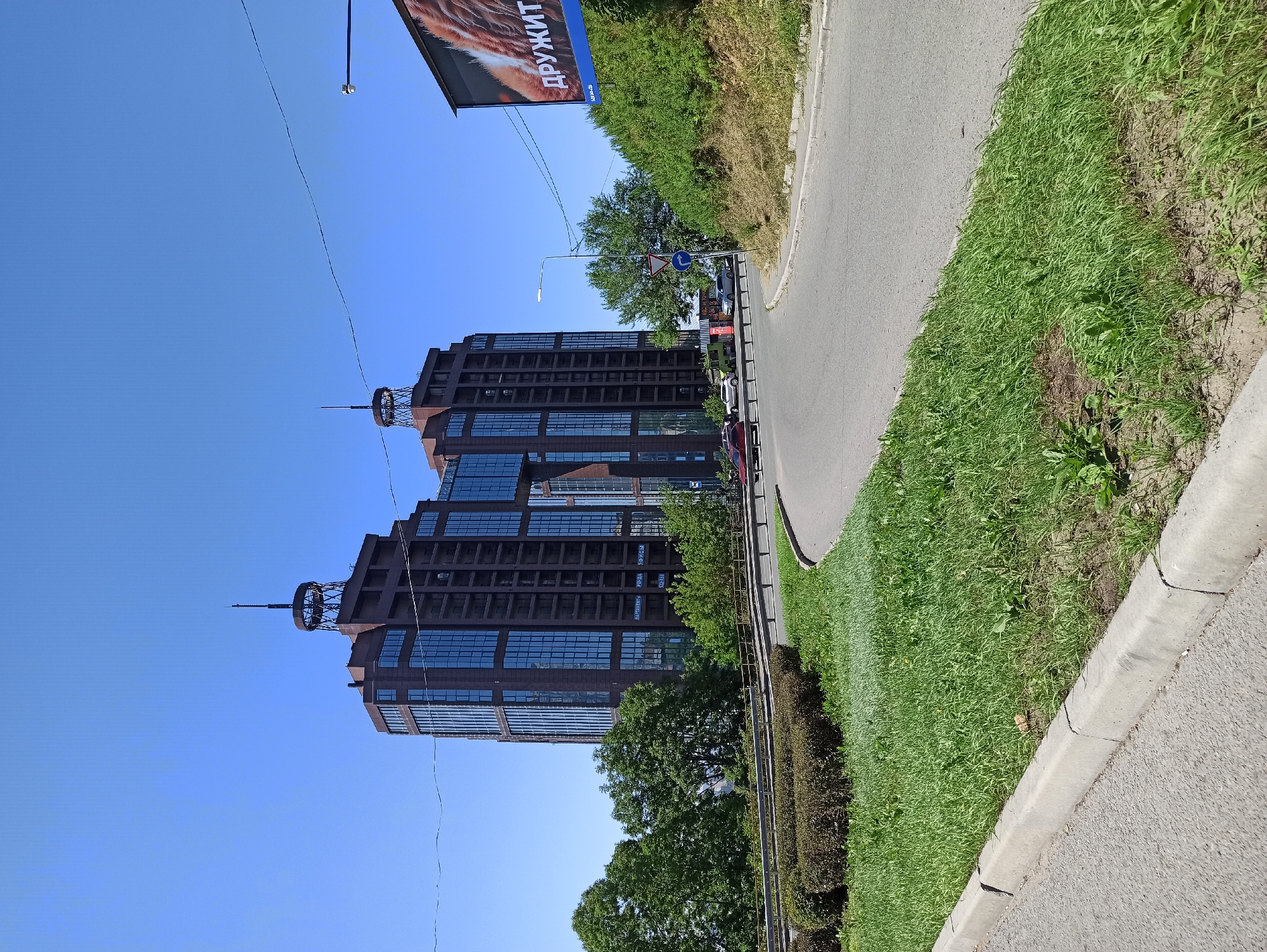 This is a street-level photograph taken on a clear, sunny day, likely in Vladivostok, Russia, given the text on the billboard. The scene is dominated by a modern, dark brown, multi-story building with large glass windows, possibly an apartment complex or office building, situated on a hill. Two identical towers with spire-like structures on top are visible. In the foreground, a curved road with two lanes is present, with a grey concrete curb and a strip of vibrant green grass on its left. On the right side of the road, a steep, overgrown hillside is covered with dry grass and some green vegetation. A large billboard advertising "ДРУЖИТЬ" (meaning "to be friends" or "friendship" in Russian) with an image of an animal's fur is mounted on a pole on this hillside. Several cars, including a red sedan, a white sedan, and a green van, are driving on the road. Trees and bushes are visible on the slopes and surrounding the building. The sky is a clear, bright blue. A street light is visible on the right side of the road. A traffic sign with a blue arrow pointing left is also present.