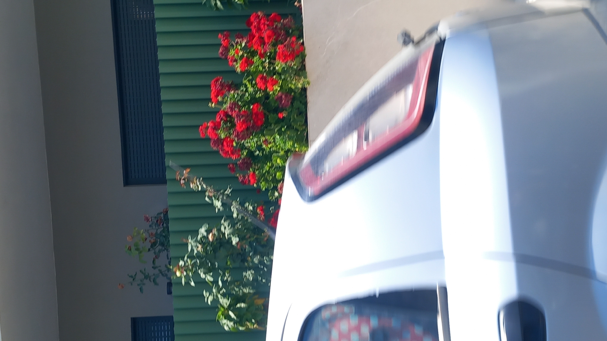 The image shows a white car in motion, blurred due to movement. In the background, there is a green metal fence with some plants and red flowers behind it. Above the fence, there is a building with dark windows. The scene is outdoors, likely in a residential or commercial area, possibly on a street or near a property. The overall impression is of a sunny day with a slight motion blur suggesting a photograph taken from a moving vehicle. The location in Kos, Greece is not explicitly visible in the image but is stated in the prompt.