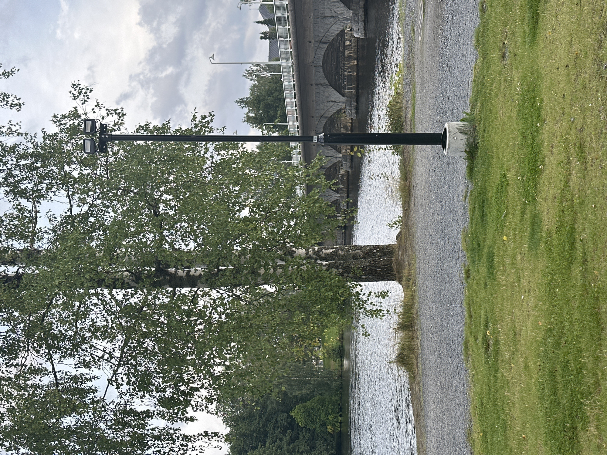 The image captures a scene in Vammala, Finland, with a focus on a birch tree in the foreground, its slender white trunk and green foliage dominating the left side. To the right of the tree, a black lamppost with two lights stands tall. Beyond the tree and lamppost, a wide river flows, its surface rippled by a gentle breeze. In the background, a stone bridge with multiple arches spans the river, its structure appearing old and well-maintained. A white railing lines the top of the bridge, and beyond it, various buildings and trees are visible. The sky is overcast, with clouds suggesting a partly cloudy day. The foreground consists of a gravel path adjacent to the river, followed by a lush green lawn. No people are visible in the scene.