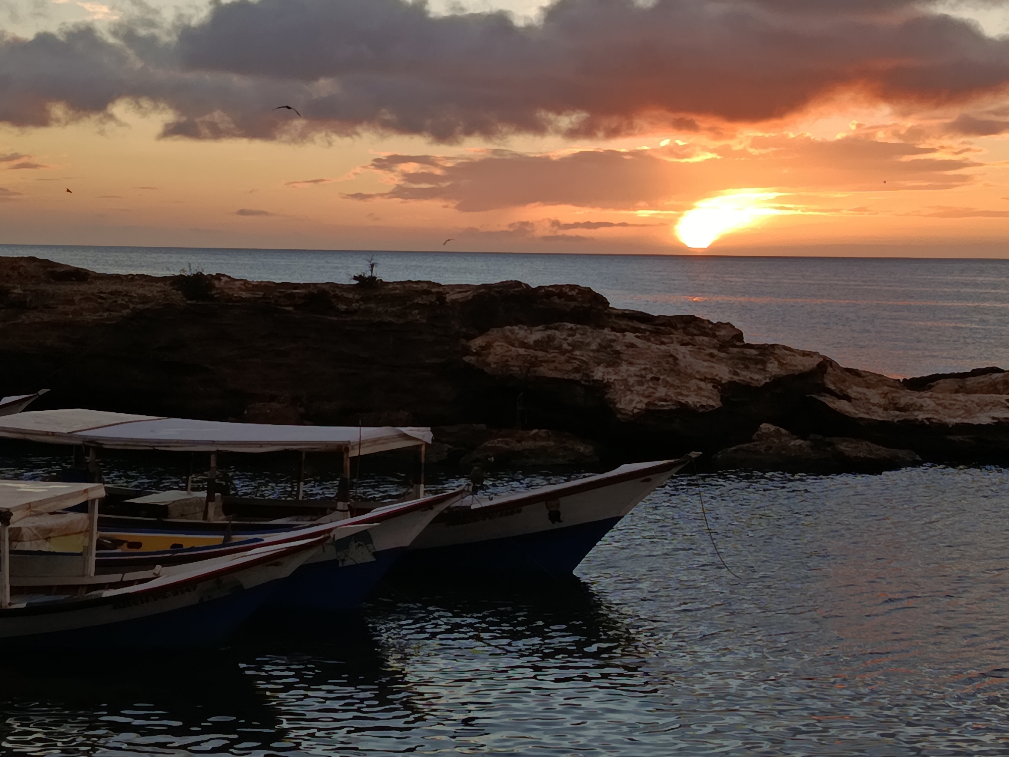 The image depicts a tranquil sunset scene at the bay of Juan Griego, Venezuela. The sky is ablaze with warm hues of orange and yellow, characteristic of a sunset, with scattered clouds adding depth and texture. The sun, a bright orb, is partially visible near the horizon, casting a golden glow on the calm sea. In the foreground, several small boats are anchored, their white canopies providing a contrast against the dark water. These boats appear to be traditional fishing vessels, with their simple designs and sturdy construction. The shoreline is characterized by rocky outcrops, suggesting a natural, rugged coastline. The overall atmosphere is serene and peaceful, with the gentle lapping of waves and the distant glow of the setting sun creating a sense of tranquility.