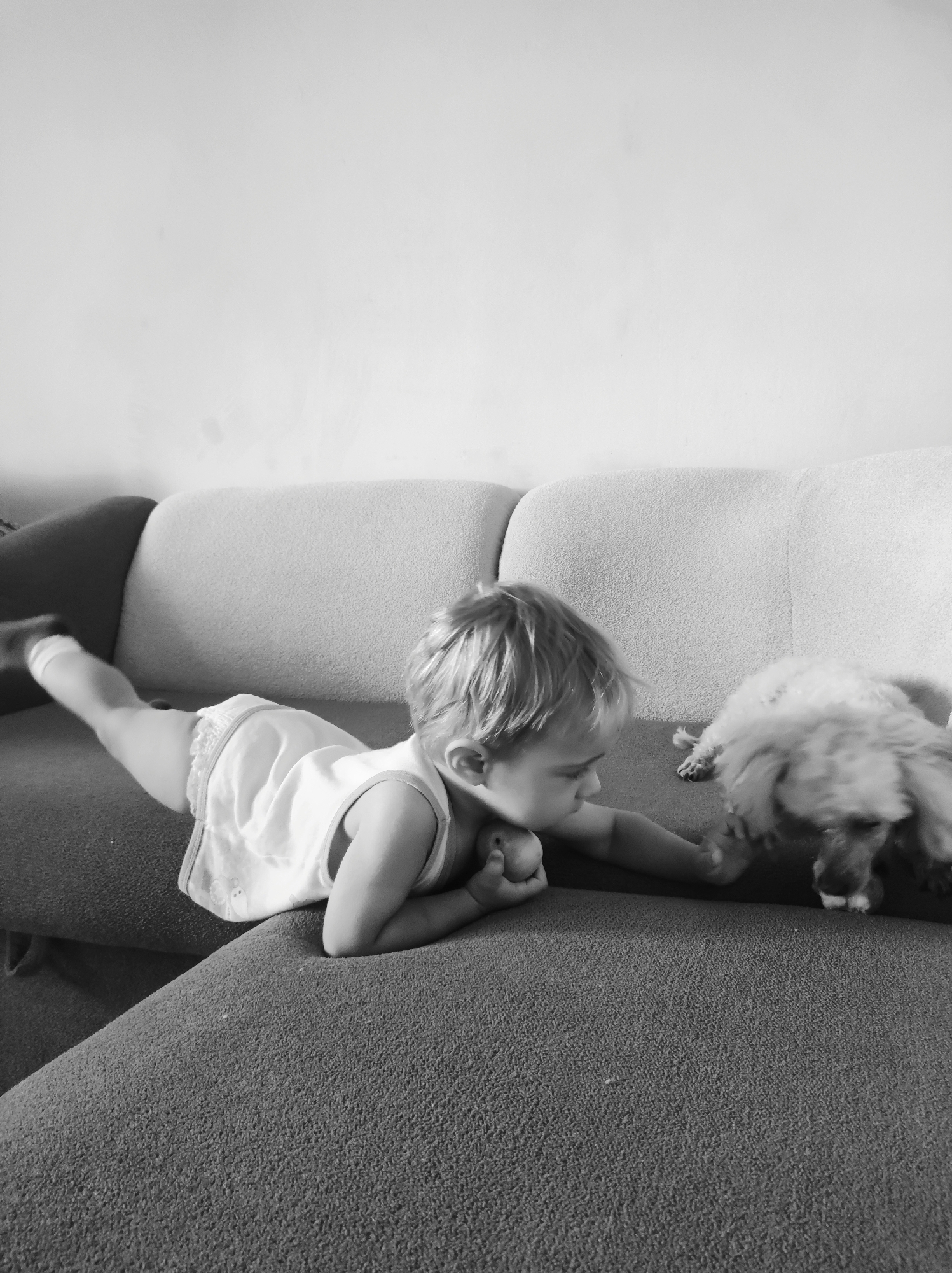 A young child with blonde hair, wearing a light-colored sleeveless shirt and white shorts, is lying on a gray couch, reaching out to a light-colored, fluffy dog. The child's left leg is extended, with a white sock visible on their foot. The dog is on the couch, facing the child and appearing to interact with their hand. The background shows a portion of the couch, with light-colored cushions, and a plain white wall. The scene is captured in black and white. The location is not specified in the image.