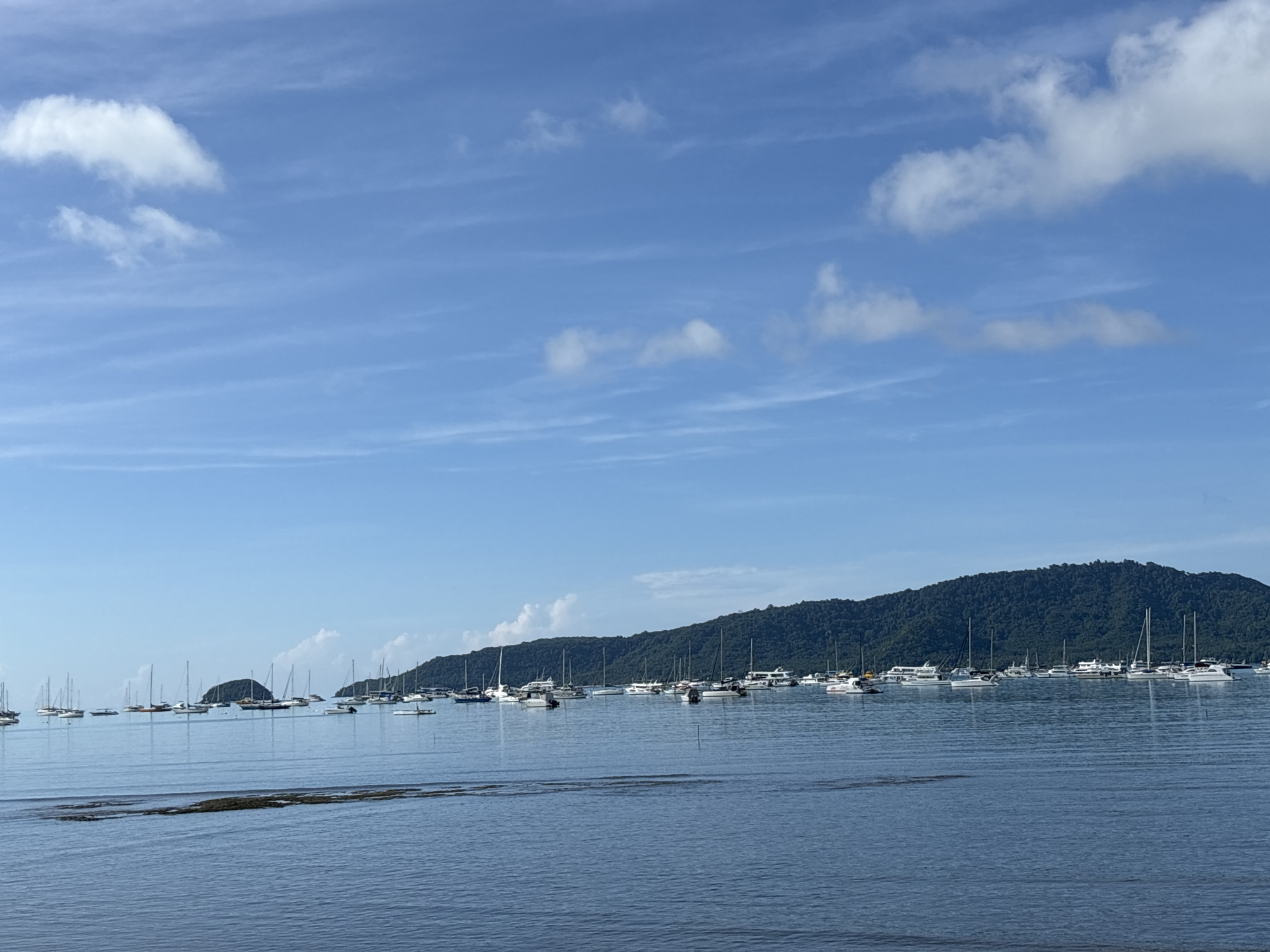 A wide shot of a bay at Chalong, Thailand, shows numerous sailboats and motorboats moored on calm blue water under a bright, clear sky with scattered white clouds. The boats are clustered together, forming a picturesque anchorage. In the background, a lush green, tree-covered mountain rises steeply from the water's edge, creating a dramatic natural backdrop. The water in the foreground is a deeper blue, with a few dark, submerged rocks visible near the surface. The overall scene conveys a sense of peacefulness and tropical beauty.