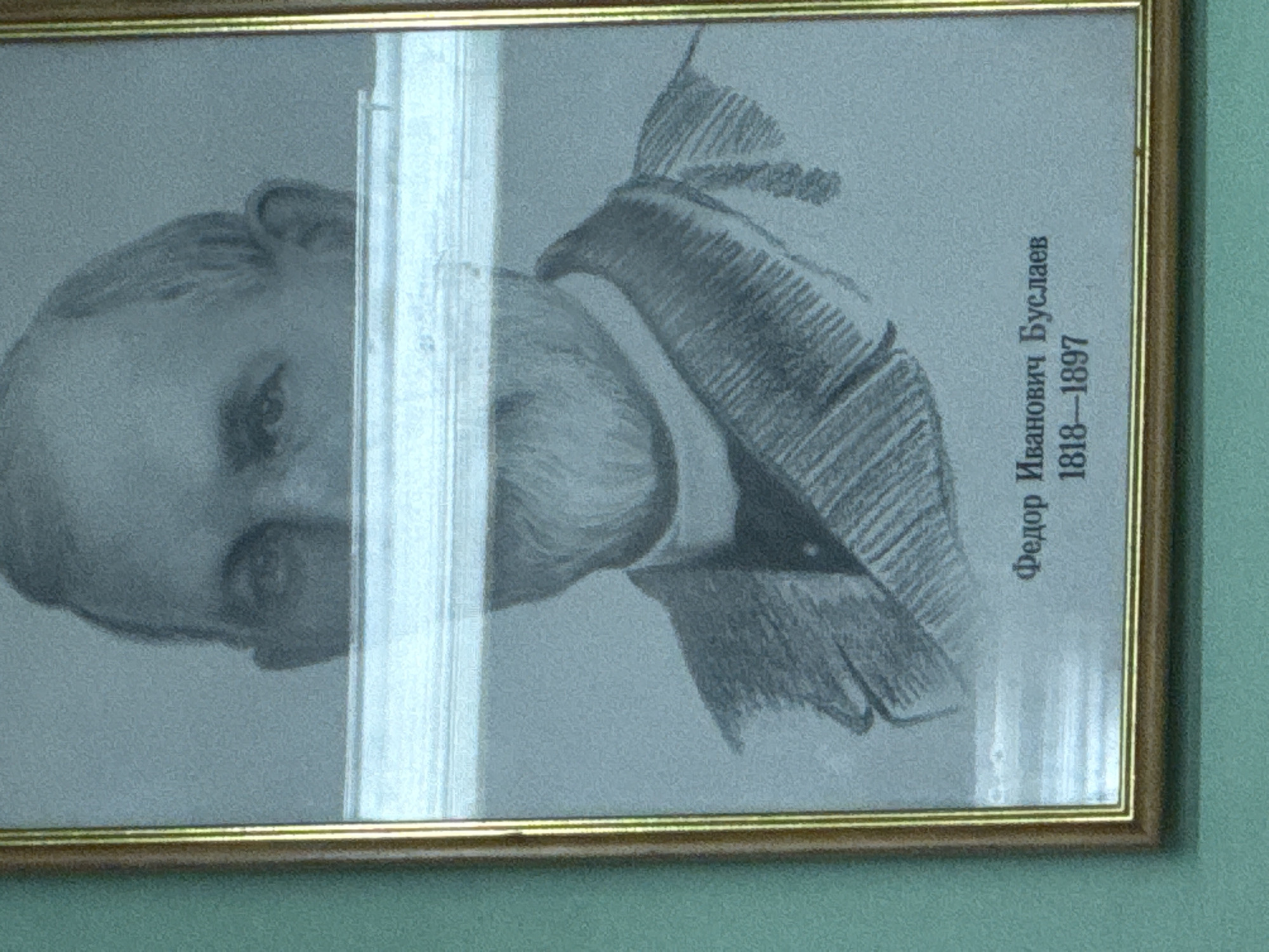 The image displays a framed portrait of a man, likely a pencil drawing or a print, hanging on a teal or light green wall. The portrait is seen from an angle, making the subject appear sideways. The man depicted has short hair, a prominent mustache, and a beard. He is dressed in formal attire, possibly a coat or academic gown, with a ruffled collar or cravat visible at his neck.
A strong, vertical reflection of a light source or window is visible across the center of the framed portrait, obscuring part of the man's face and clothing. The frame itself is rectangular, with a golden inner edge.
To the right of the man's portrait, written vertically in Cyrillic, is the name "Федор Иванович Буслаев" (Fyodor Ivanovich Buslaev). Below his name are the years "1818–1897", indicating his birth and death dates. There is no specific activity depicted, as it is a static portrait. The location context of Birobidzhan, Russia is provided, but no visual cues within the image directly confirm this.