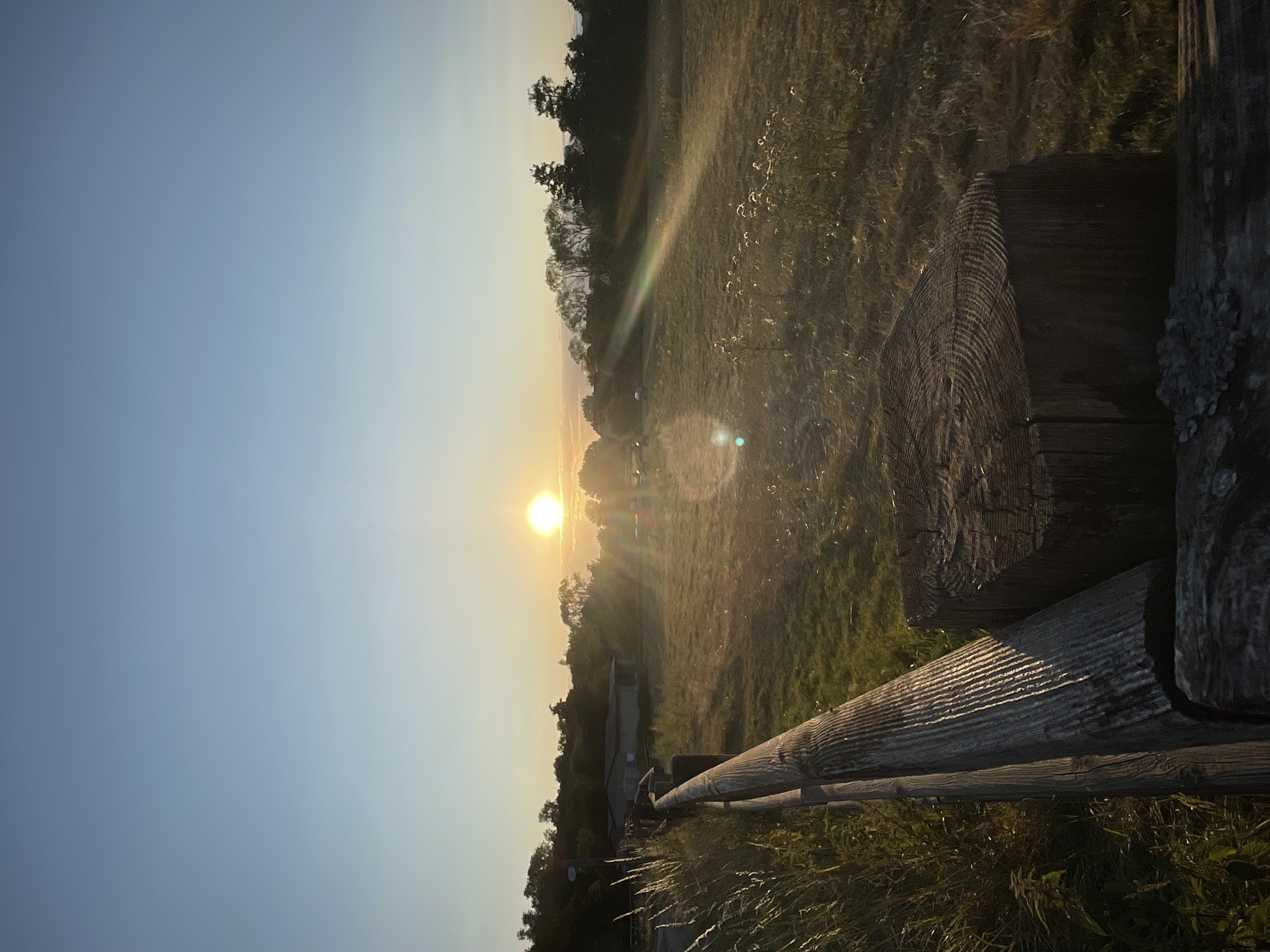 This is a vertical, eye-level shot of a rural landscape at sunset. The sky is a pale blue, transitioning to yellow near the horizon where the sun is setting. A wooden fence runs diagonally from the lower left to the mid-left of the frame, with a large, weathered wooden post in the foreground. Beyond the fence, a field stretches out, dotted with dry grass and some sparse vegetation. In the background, a line of trees forms a dark silhouette against the sky. A few small structures, possibly farm buildings, are visible behind the fence, partially obscured by trees. Sunbeams create a lens flare effect in the middle of the frame. The scene is peaceful and natural, evoking a sense of rural tranquility. No people are visible in the image, and no specific landmarks identify it as being in Rückershausen, Germany.