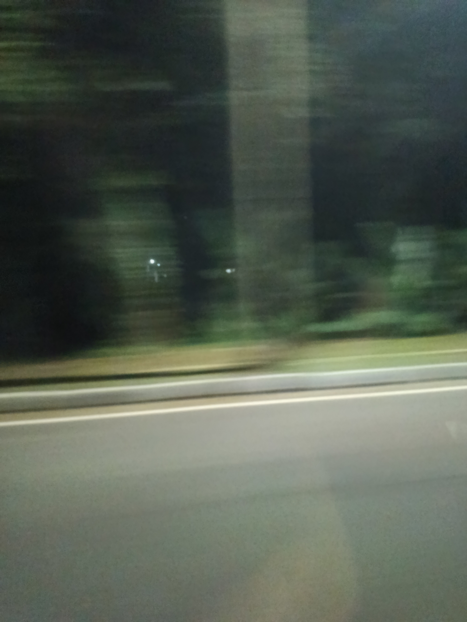 The image captures a blurred, motion-streaked view from a moving vehicle, likely at night or dusk. The scene depicts an asphalt road with a white dividing line, separating it from a darker area likely representing the shoulder or embankment. Beyond this, a dark, indistinct background suggests foliage or trees, with faint, blurred lights visible, possibly from streetlights or other vehicles. The overall impression is of a fast-moving perspective along a roadside in an urban or suburban environment, consistent with a location in Cibinong, Indonesia, given the provided context. No people or specific identifiable objects are discernible due to the motion blur and low light conditions.