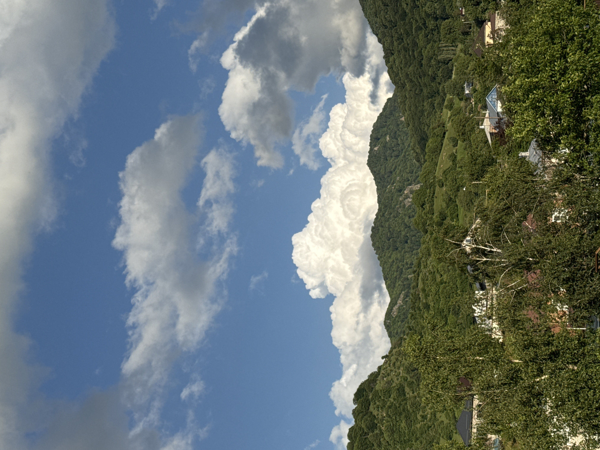 A vertical, eye-level outdoor shot shows a view of the city of Karachayevsk, Russia, from a residential area looking up towards forested mountains under a partially cloudy blue sky. In the foreground, various deciduous trees with green leaves obscure parts of the view. Behind the trees, houses with red and dark-colored roofs, some with visible white walls, are clustered together. A few of the houses feature white window frames, and one prominent house has a bright blue roof with white trim. The middle ground is dominated by rolling, densely forested green hills and mountains. A dramatic, large white cumulus cloud formation is centered over the mountain peaks. The sky is a vibrant blue with scattered white and gray clouds. The overall impression is a peaceful, natural landscape with human habitation nestled within it.