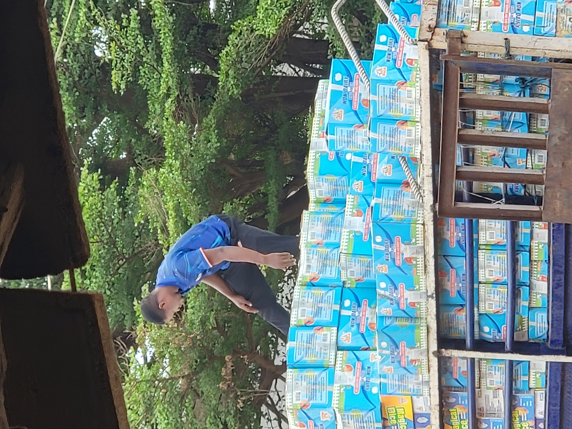 A boy wearing a blue t-shirt and dark pants is standing on or next to a vehicle fully loaded with Non Dairy Creamer boxes. The vehicle, made of metal, has compartments and is filled with the boxes. Behind them, there are trees and the corner of a building. The location is Maiburiji, Nigeria, as indicated by the writing on the boxes. The boy appears to be reaching towards the top row of boxes.