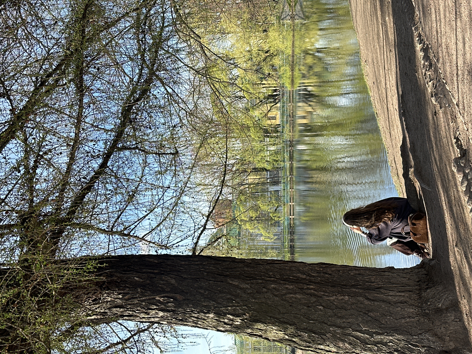 A medium, outdoor shot captures a scene in a park. In the foreground, a large tree trunk occupies the lower left quadrant of the image, its branches extending upwards toward a blue sky. A woman with long, brown hair is crouching near the edge of a concrete path, close to the water. She is wearing a dark jacket and light pants, and appears to be either taking a photograph with her phone or gazing at the water. A brown bag is visible next to her. The path runs parallel to the water's edge, and the water reflects the surrounding greenery and a building in the distance. The scene is bathed in sunlight, creating bright reflections on the water and casting shadows on the path. The location is a park.