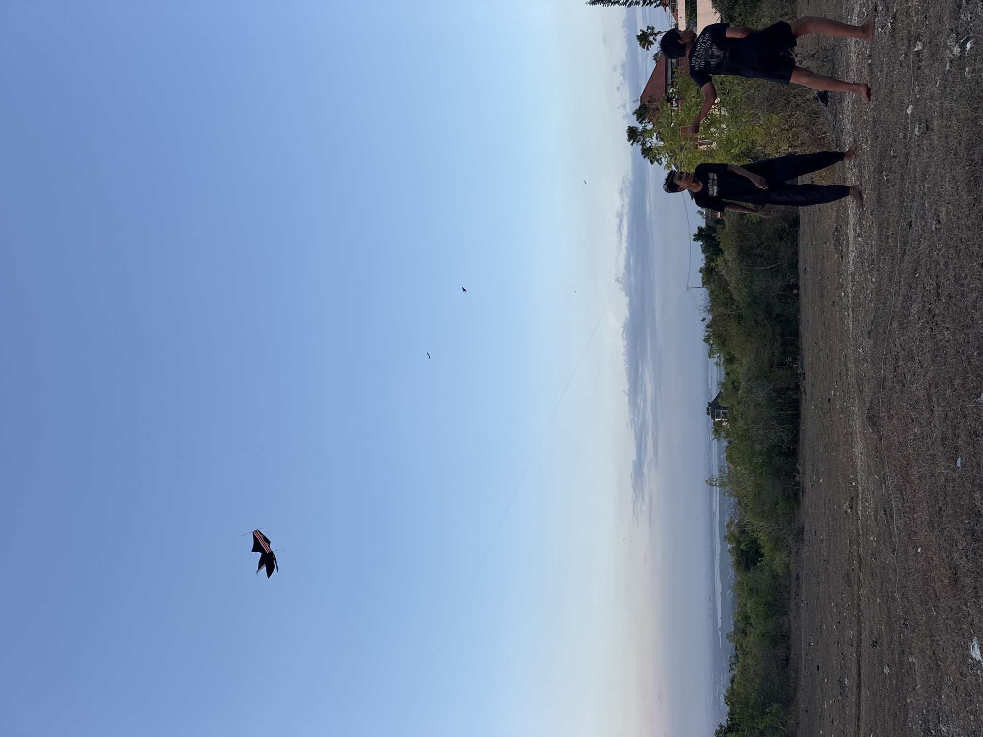 In Kuta Selatan, Indonesia, two young males, likely teenagers, are engaged in flying a kite in an open, dry field under a clear blue sky. One male, wearing a black t-shirt and dark pants, is looking up at the kite and appears to be holding the kite string. The other male, also in a black t-shirt and shorts, is standing with his back to the camera, his right arm extended as if to assist or point. A dark-colored kite with red accents is visible in the upper left quadrant of the image, soaring against the sky. The background features a line of lush green trees and shrubs, beyond which is a distant view of water and scattered buildings, suggesting a coastal or elevated position overlooking a populated area. The ground in the foreground is dry and covered with sparse vegetation and some debris. The lighting suggests it is either early morning or late afternoon.