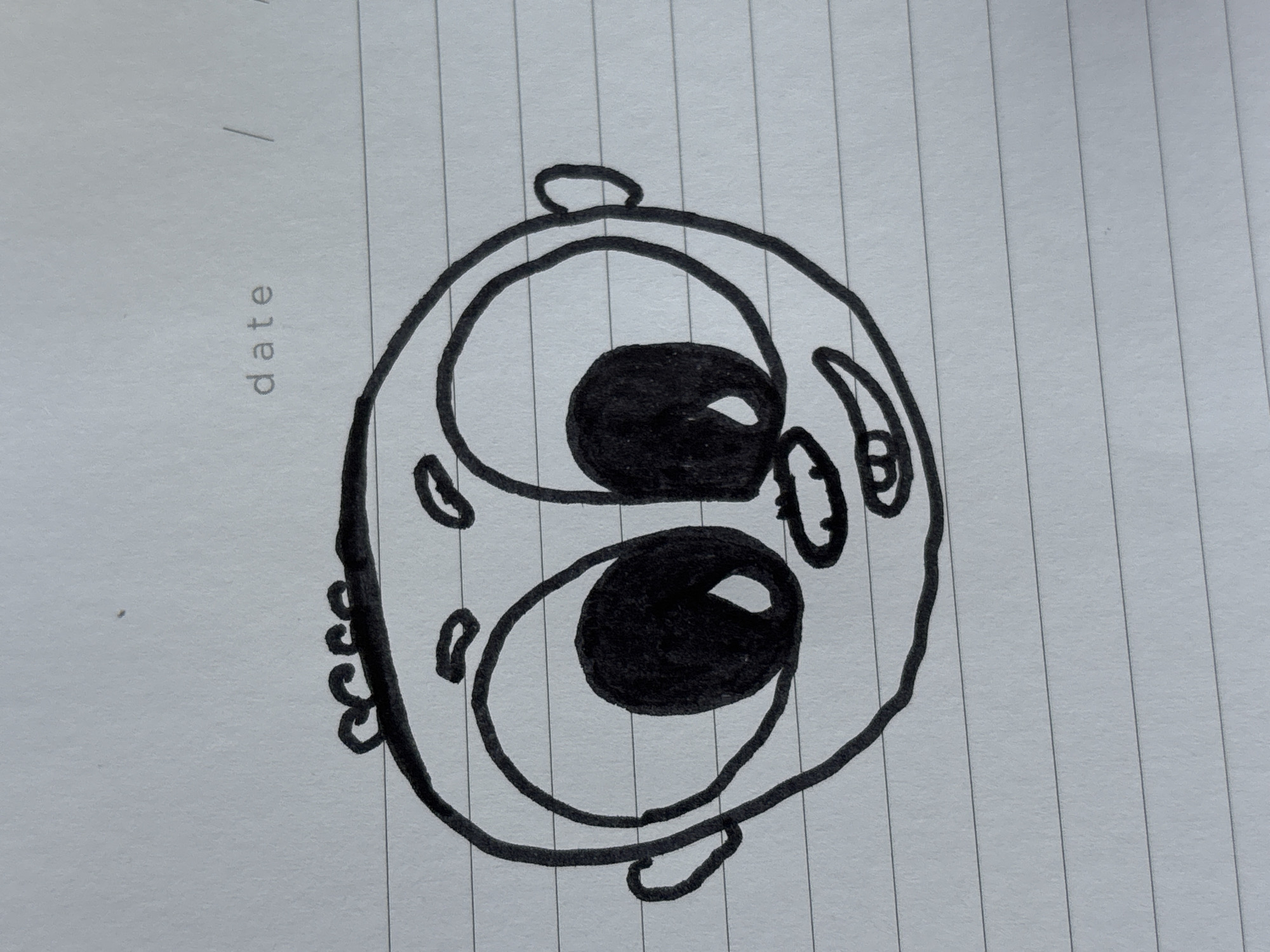 The image is a black and white drawing of a cartoonish baby's face on lined paper. The baby has a large, round head with prominent circles for eyes, which are filled in with black ink, except for a small white oval highlight in each, suggesting a gleam. Above the eyes, there are two small, curved lines representing eyebrows. The baby has a small nose and a wide, smiling mouth showing teeth. The ears are small circles attached to the sides of the head. There are a few curly lines on top of the head, suggesting hair. The drawing is centered on the page, which is lined horizontally. In the upper right corner of the page, the word "date" is faintly written in gray ink, followed by a vertical line.
There is no indication of Saint Petersburg, Russia, or any other specific location in the image.