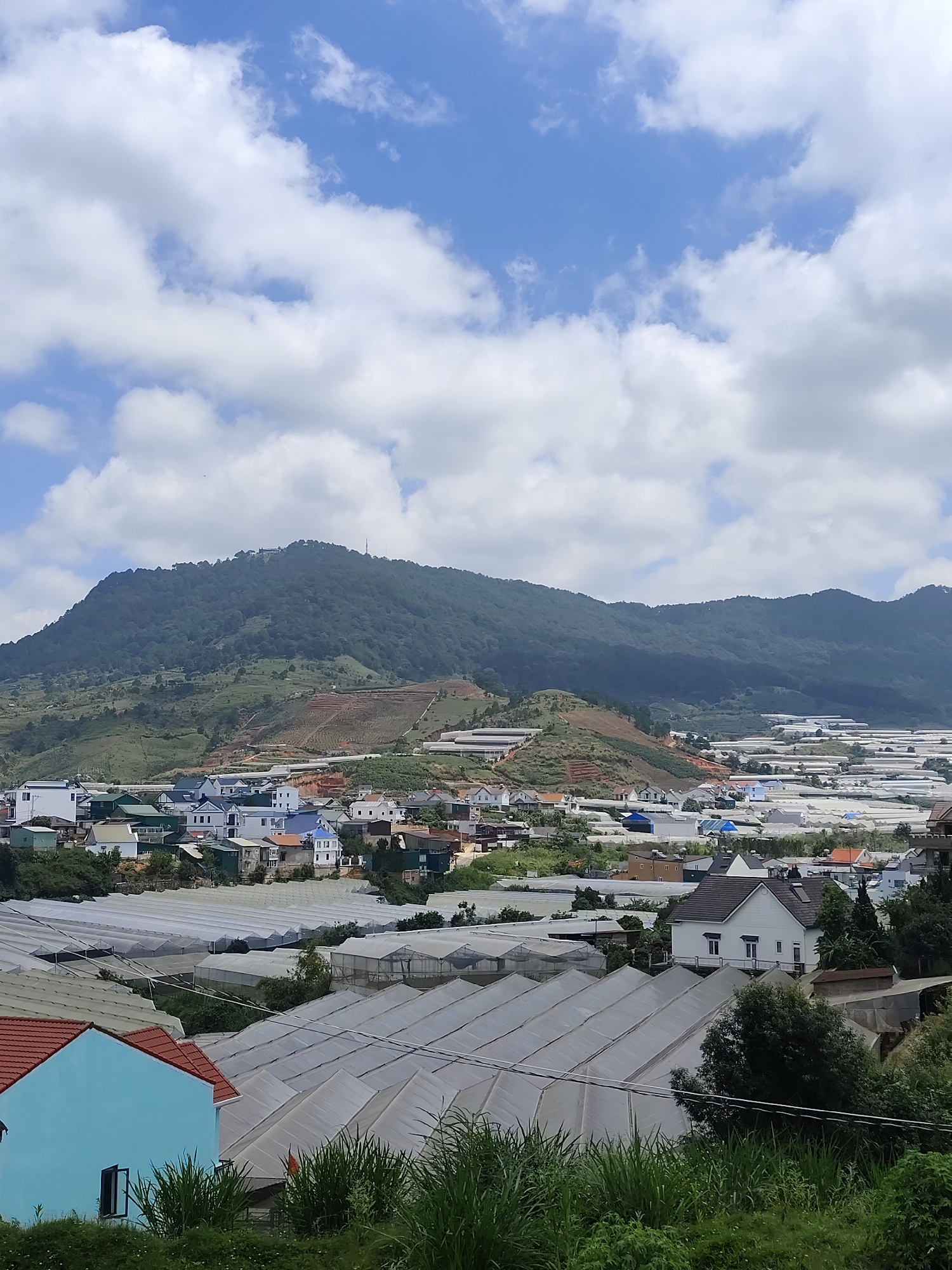 The image shows a landscape in Lạc Dương, Vietnam, with a mountain range in the background under a partly cloudy sky. The foreground features a view of residential houses and extensive rows of greenhouses. A small town is nestled in the midground, partially obscured by the greenhouses. The landscape also includes green vegetation in the immediate foreground.