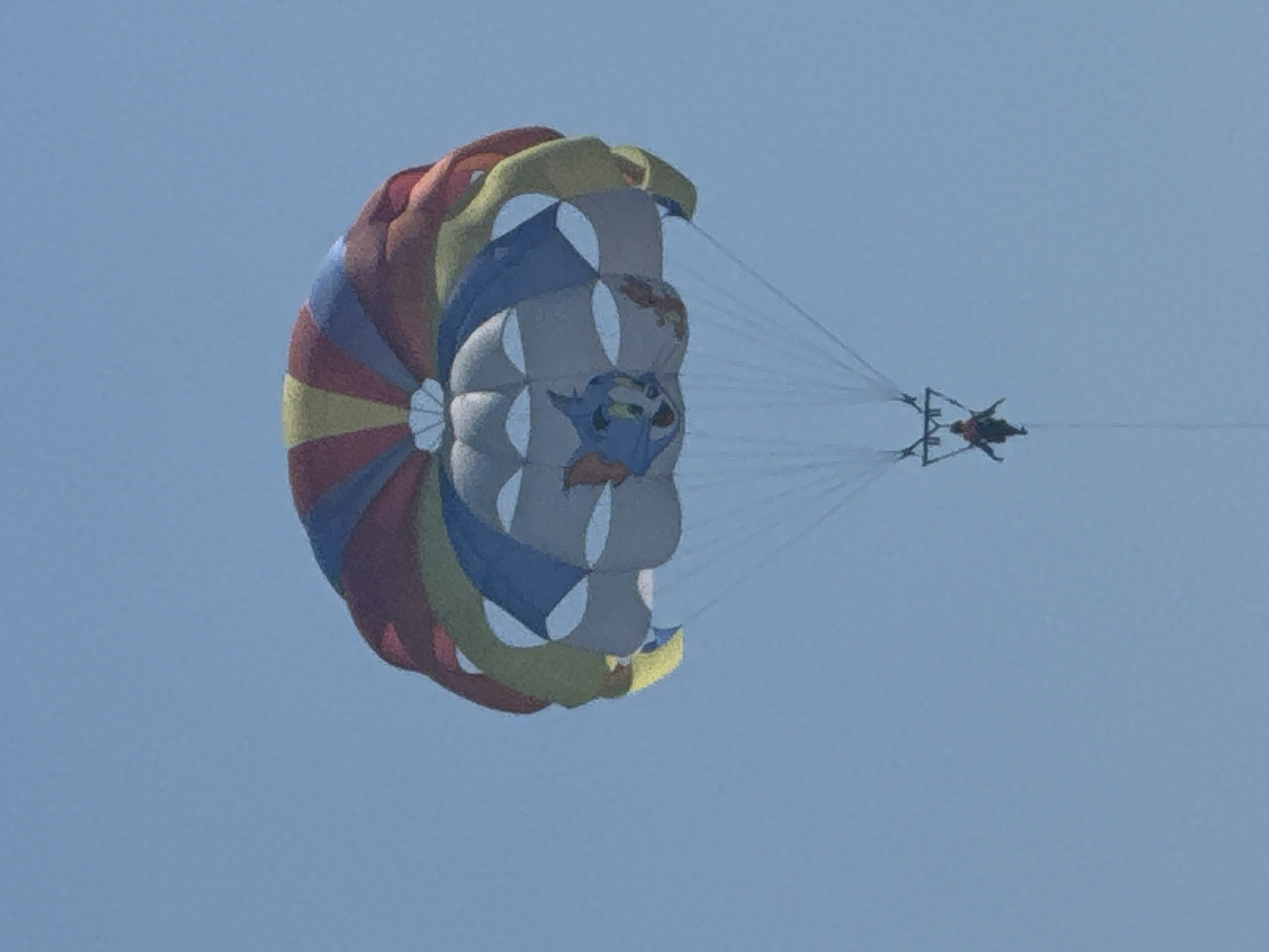 The media file shows a colorful parasail against a clear blue sky. The parasail is large and circular, with alternating panels of red, yellow, blue, and grey. It appears to be inflated and catching the wind. Attached to the bottom of the parasail by several lines is a harness system.
Within the harness, two people are visible. The person in the front is wearing a blue top and appears to be looking forward. The person behind them is wearing a red top and appears to be slightly reclined. The people are small in relation to the parasail, indicating they are at a significant distance.
The parasail and the people are in mid-air, suggesting they are engaged in the activity of parasailing, a recreational activity where a person is towed behind a boat while attached to a parachute-like wing. The clear blue sky indicates fair weather, likely daytime. There are no visible text elements in the image. The scene is serene and adventurous, evoking a sense of freedom and exhilaration. The location context is Sochi, Russia.