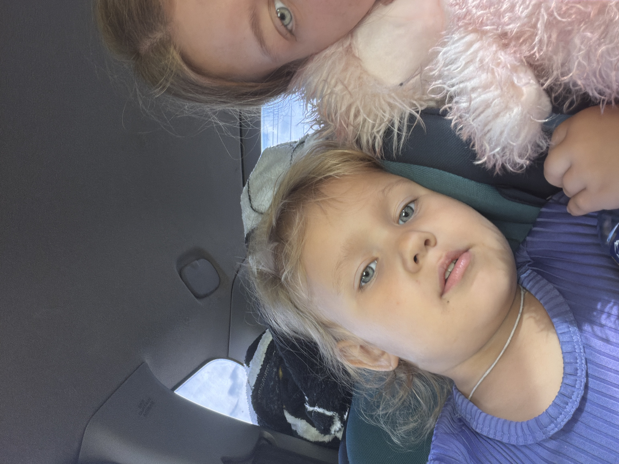 The image shows a close-up selfie taken from inside a vehicle. Two people are visible: a young child in the foreground and another person, likely an adult, partially visible on the right. The child has blonde hair and is wearing a purple top and a thin white necklace. They are looking towards the camera with a soft expression. A pink, fluffy stuffed animal is held by the adult, partially obscuring their face. In the background, a striped black and white blanket is visible, along with a portion of the car's interior. The lighting suggests it is daytime. The scene is within a car, likely in the city of Novoye Mavrino, Russia, given the context provided.