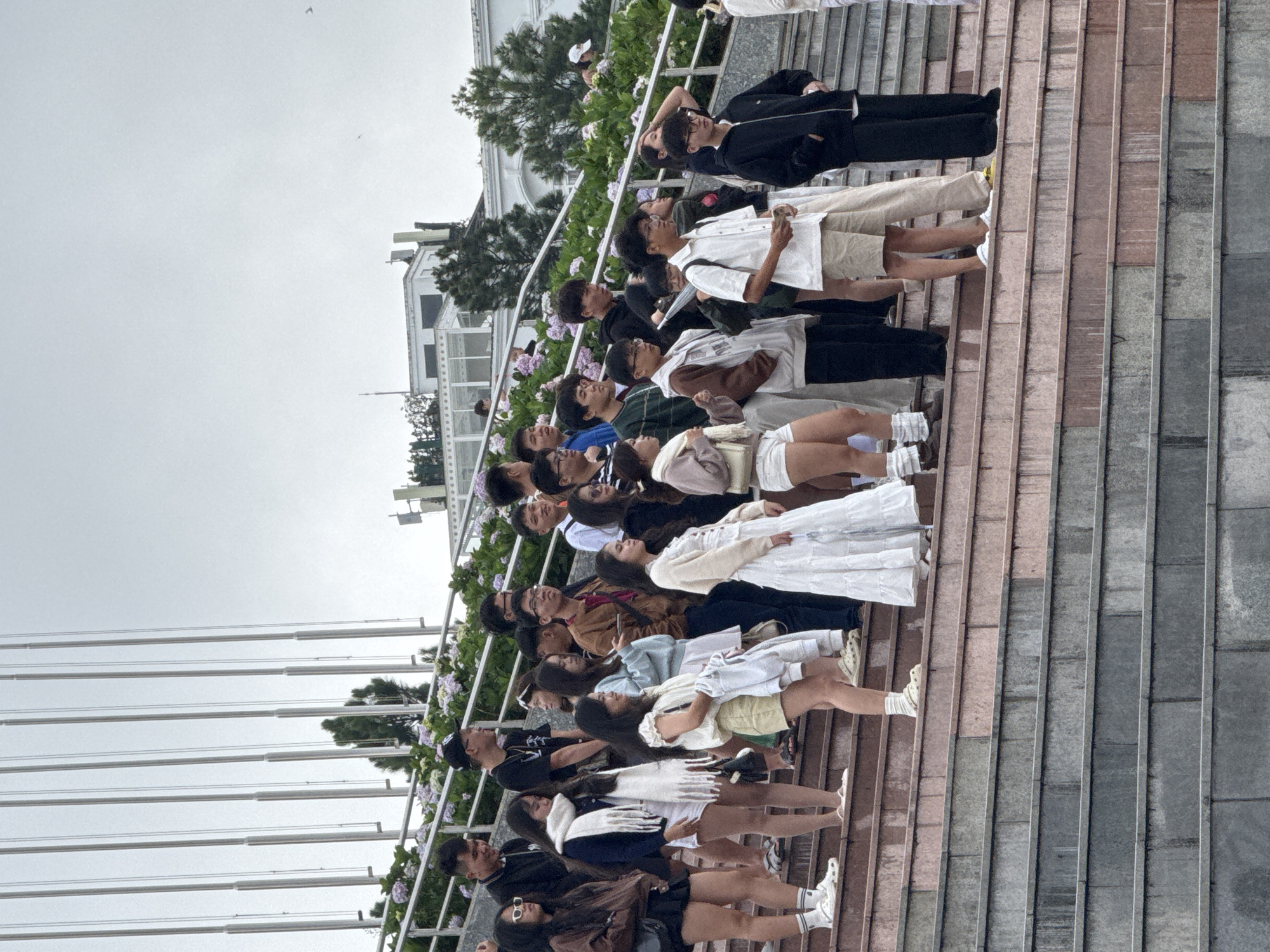 A crowd of young people, primarily students or young adults, is gathered outdoors on a wide, multi-level set of stairs in Da Lat, Vietnam. Most individuals are standing, looking upwards with their heads tilted back, suggesting they are observing something above them, possibly an event, monument, or the sky. Their postures convey a sense of collective attention and anticipation.
The stairs are constructed from stone or concrete, showing various shades of grey and reddish-brown. Along the left side of the stairs (from the perspective of the crowd), there's a white metal railing adorned with flowering bushes, which appear to be hydrangeas – a common flower in Da Lat.
In the background, behind the railing and foliage, several white buildings with distinct architectural features are visible, hinting at European colonial influence, characteristic of Da Lat. Further to the left, a series of tall, slender flagpoles stand prominently against the sky.
The scene takes place during the daytime under an overcast sky, which casts a soft, diffused light, indicating a cloudy day. There is no visible text or signage in the image. The attire of the people includes casual wear such as t-shirts, light jackets, shorts, and dresses, fitting for a mild climate. The overall impression is of a public gathering or viewing event in a scenic urban setting.
