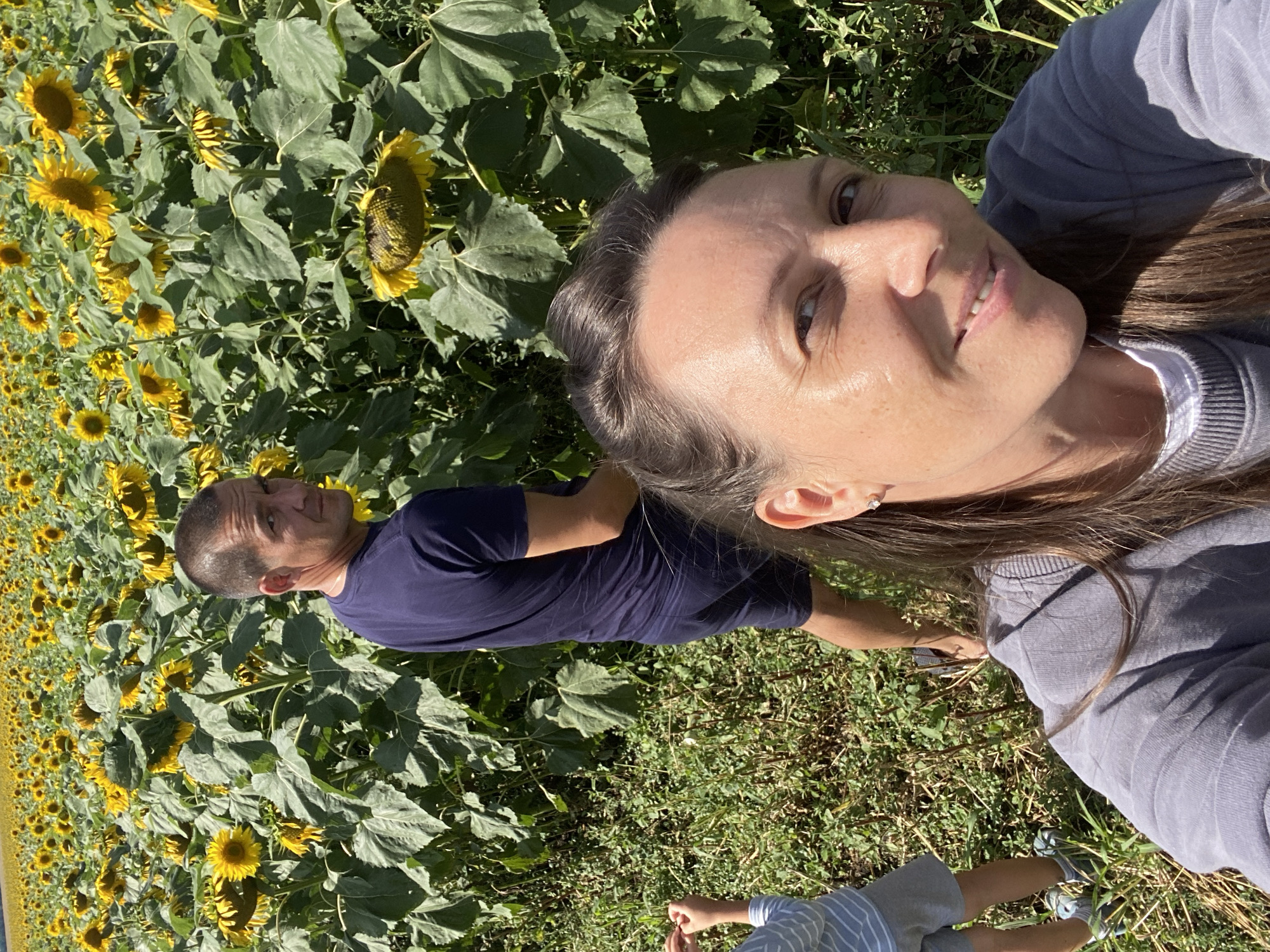 A selfie is taken from the chest up by a woman in the foreground, who is smiling and looking towards the camera. She is wearing a gray sweatshirt over a white undershirt. Behind her, a man in a dark blue t-shirt and shorts is visible from the waist up. He is looking over his shoulder at the camera, with a neutral expression. He is standing in a field of sunflowers, with his back to the camera. To the left of the man, a child wearing a striped t-shirt and gray shorts is partially visible, facing away from the camera. The background is a dense field of sunflowers under a clear blue sky. The location is described as Tashla, Russia.