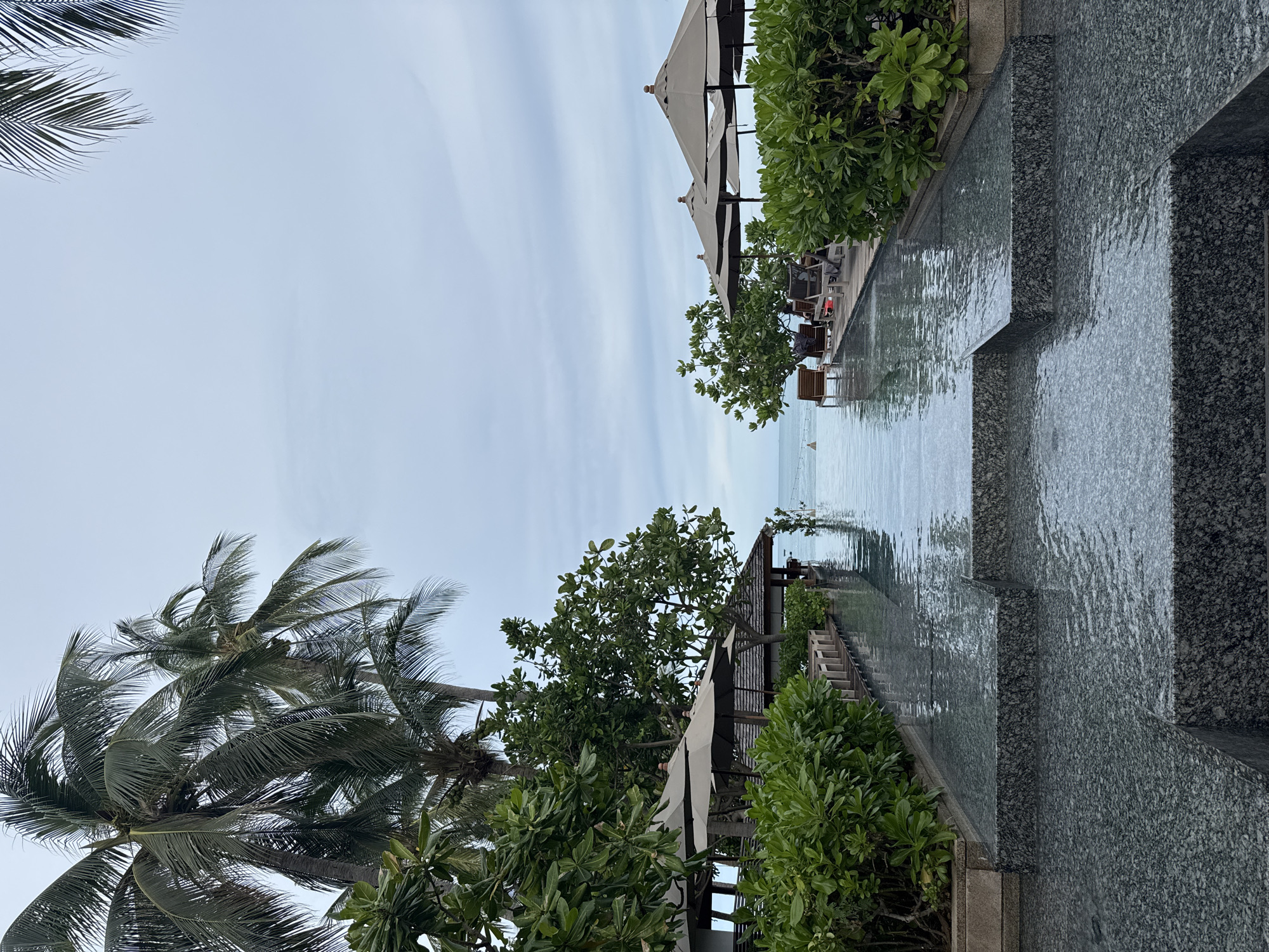 The image shows a view of an infinity pool at a resort on a cloudy day. Palm trees and lush green foliage line the left side of the pool, with several lounge chairs and umbrellas visible on the deck. The pool itself is a tiered design with dark, textured stone. In the distance, the ocean meets the horizon under a pale, overcast sky. A single person is visible in the water of the infinity pool.