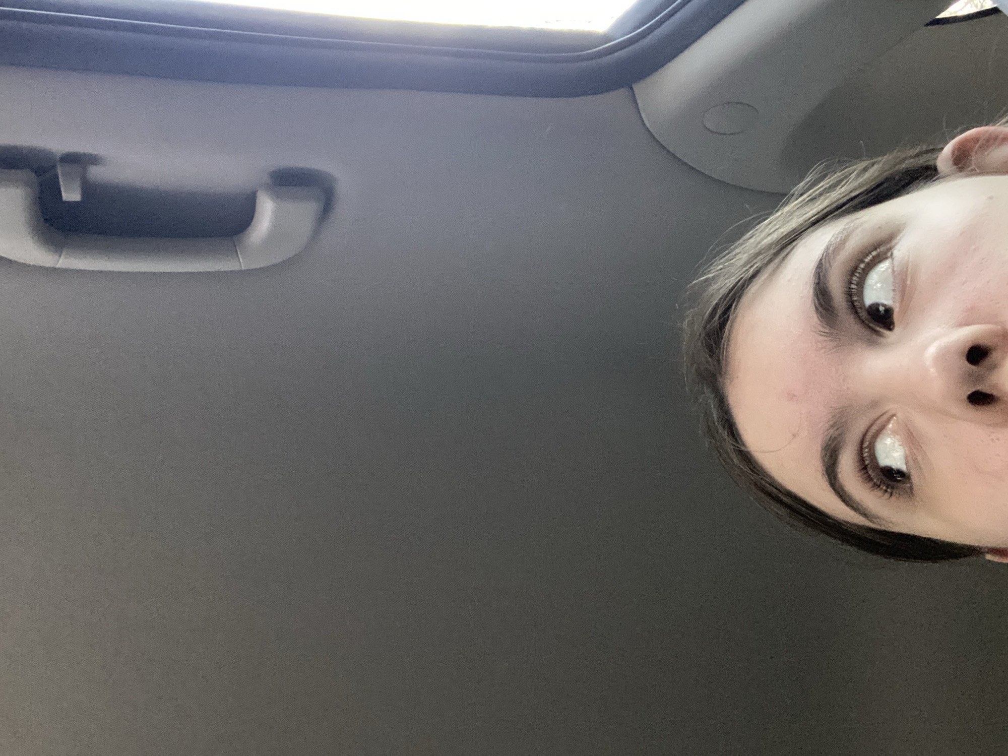 The image shows the interior of a vehicle, focusing on the ceiling and a portion of a person's face. The ceiling is gray, with a grab handle visible in the upper left corner. Part of a person's face is visible in the upper right corner, showing the nose, eyes, and part of the forehead. The location is unspecified (Unknown, Unknown).