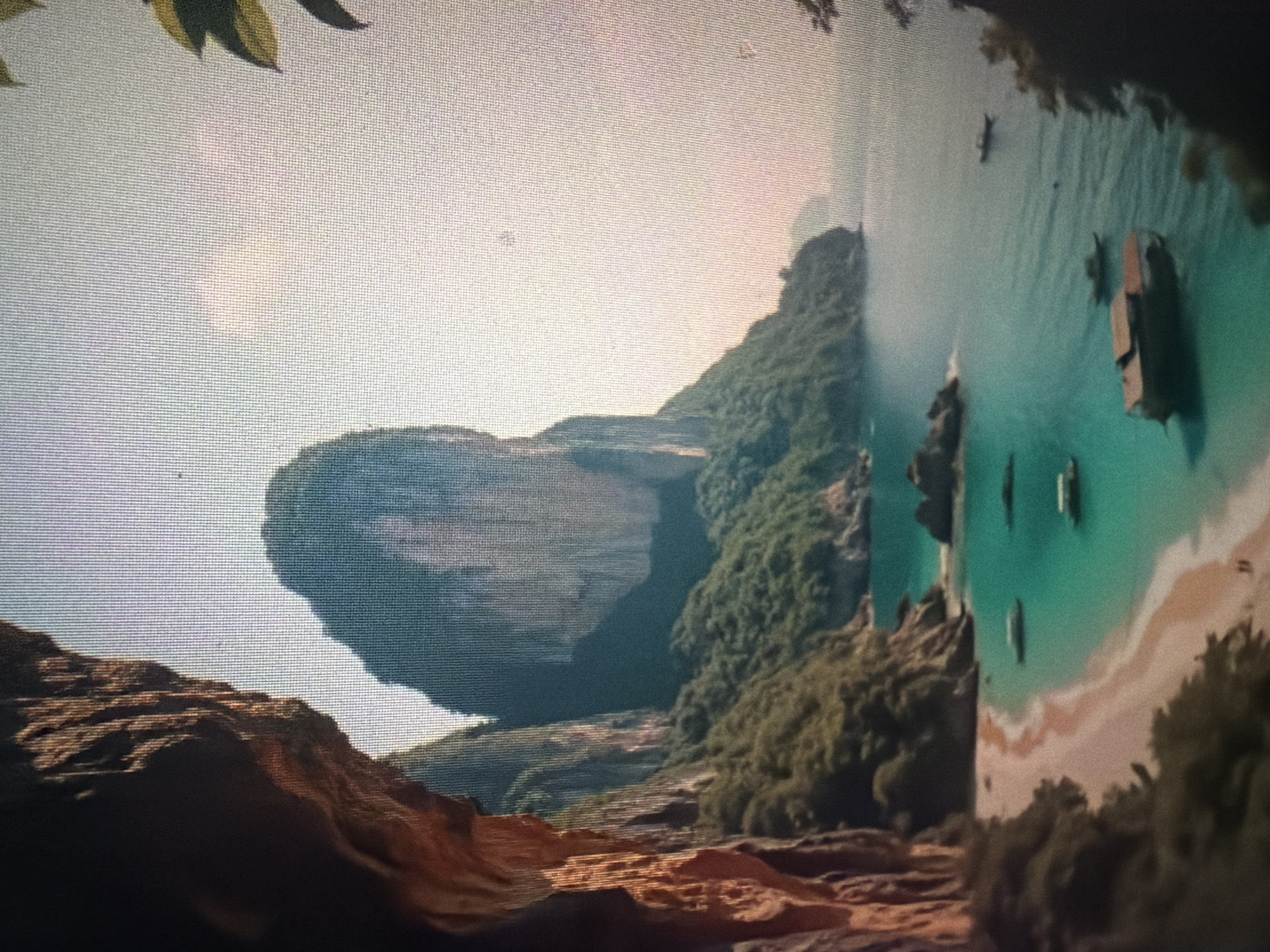 This is an image of a tropical bay with dramatic limestone cliffs covered in lush green vegetation. A secluded sandy beach curves along the turquoise water. Several small boats are anchored in the bay, and a larger boat with a covered deck is closer to the shore. In the foreground, a cave opening frames the view, with textured, reddish-brown rock formations. The sky is bright and hazy, suggesting it is daytime. The scene appears to be a natural, scenic location, possibly a popular tourist destination for boat tours and beach activities. The image is in the style of a digitally generated artwork, with a focus on vibrant colors and dramatic lighting. There are no recognizable landmarks or specific urban features that would place this scene within the city of Baan Mae Nam, Thailand.
