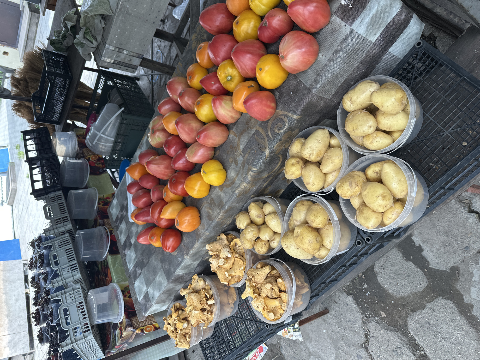 A market stall in Biysk, Russia, displays an assortment of fresh produce. In the foreground, several clear plastic buckets are filled with potatoes and chanterelle mushrooms. Behind these, a table is laden with a variety of tomatoes in shades of red, pink, and yellow. In the background, more buckets of cherries are visible, along with various crates and plastic containers. The scene appears to be an outdoor market setting, with the ground beneath the stall being paved.