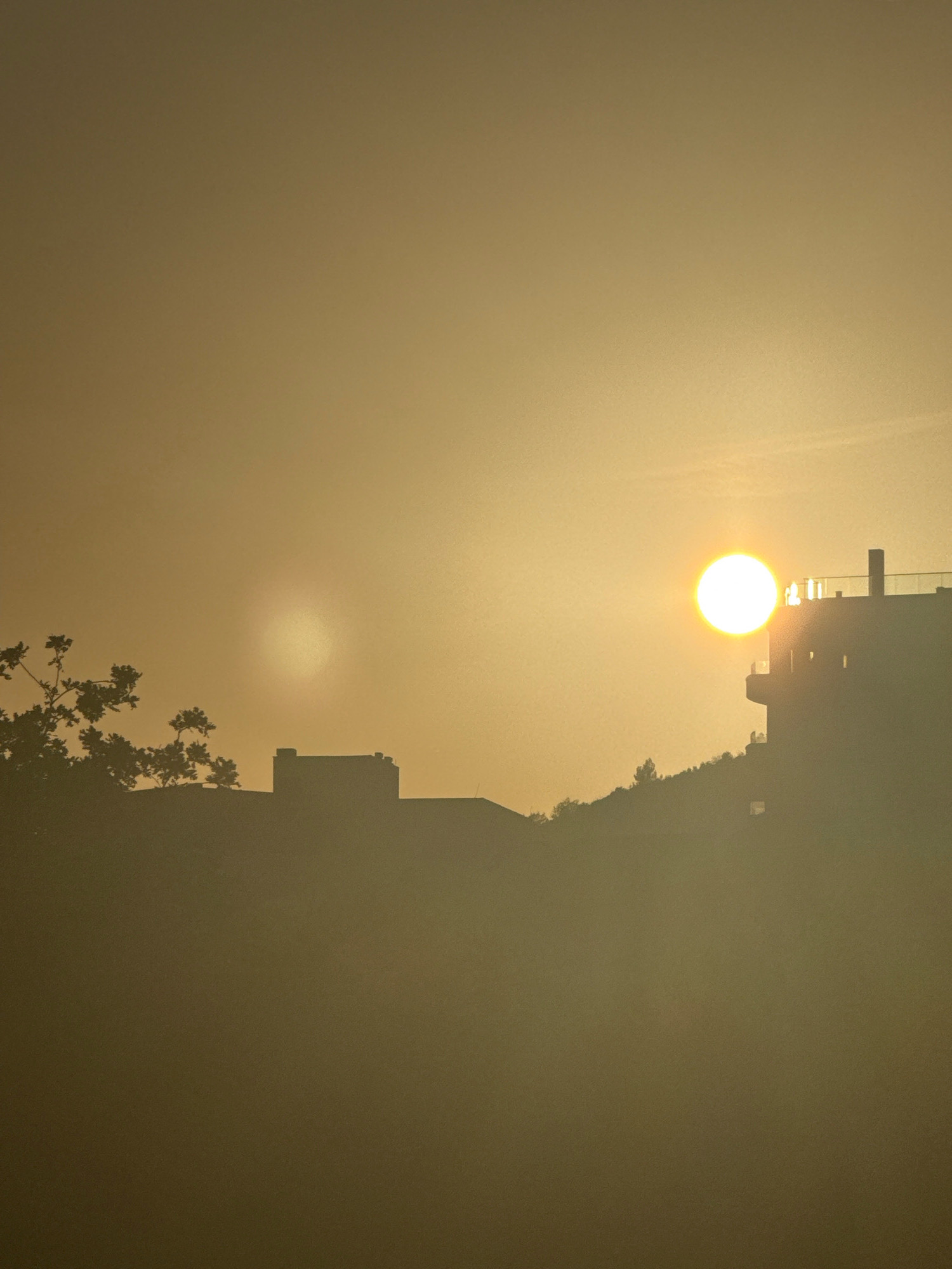 The image captures a hazy, golden-hued sky at sunset or sunrise, with the sun appearing as a bright, orb-like light source. In the foreground, the silhouettes of buildings and trees are visible against the luminous sky. On the right, a building with a flat roof and railings is silhouetted. To the left, the dark outline of a tree with foliage juts into the frame, partially obscuring a building's silhouette. A faint, secondary sun-like light is visible to the left of the main sun. The overall impression is one of a serene, perhaps slightly obscured, urban landscape bathed in warm, atmospheric light. The image does not depict people or specific actions, focusing instead on the environmental conditions and architectural elements.