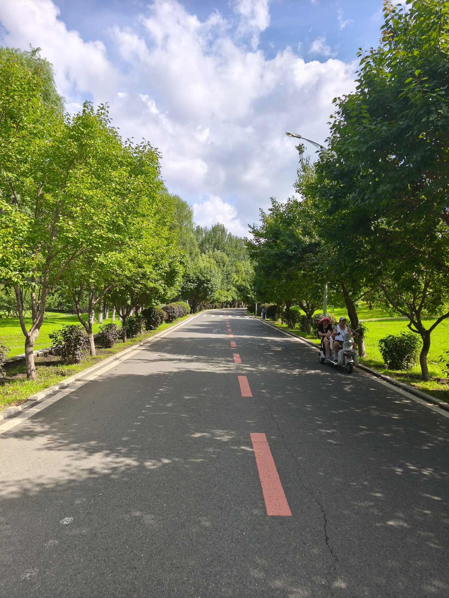 The image shows a paved road in Nanguan District, China, bordered by lush green trees and grass. The road has a dashed red line marking its center and a white line along its edge. Sunlight filters through the leaves, casting dappled shadows on the asphalt. On the right side of the road, an elderly couple is riding a small electric vehicle. The sky above is blue with scattered white clouds. The scene depicts a serene park or scenic road, likely a popular spot for leisurely outdoor activities.