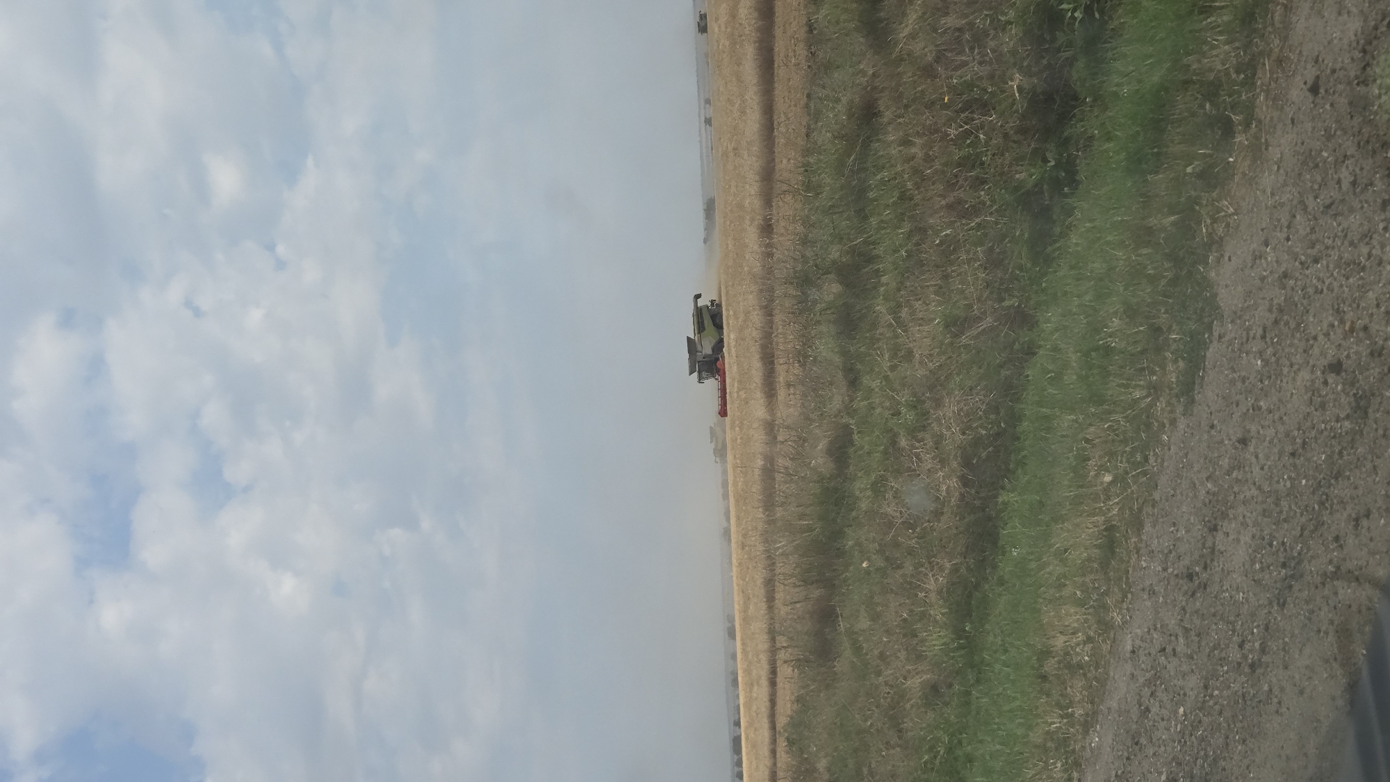 The image depicts a rural scene with agricultural machinery operating in a field under a cloudy sky. In the middle ground, several combine harvesters are visible, actively engaged in harvesting a crop, likely wheat or barley, given the golden color of the field and the stubble left behind. Dust or chaff is being kicked up by the machinery, indicating ongoing operation. The field stretches towards the horizon, where a hazy treeline can be seen. The foreground shows a grassy embankment and a dirt or gravel road. The overall impression is one of agricultural activity in progress.
