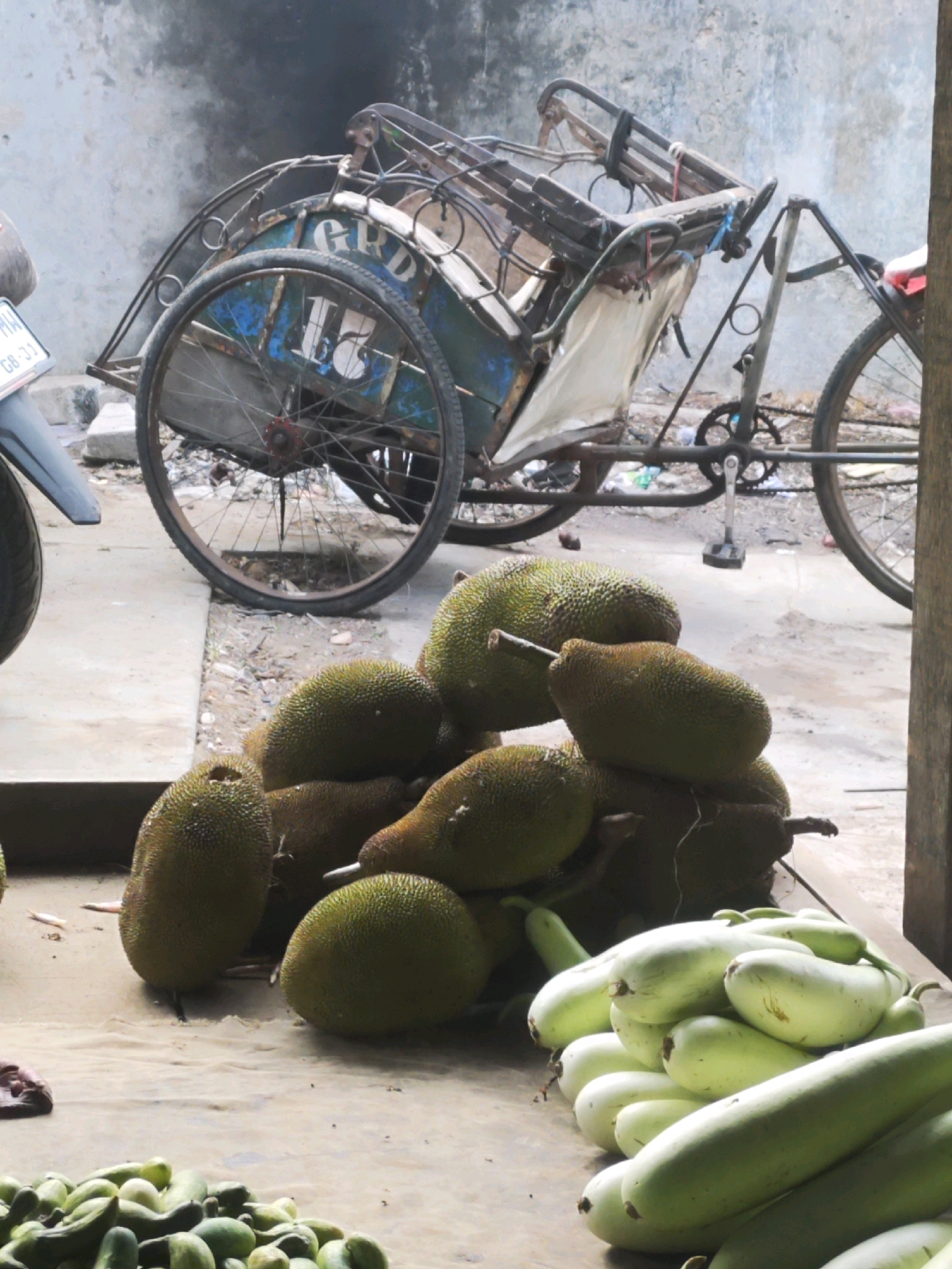 A rickshaw is parked behind a pile of jackfruit and gourds. The rickshaw has a metal frame and a blue and white body with the number "15" painted on it. A license plate with "GRD" visible is attached to the front of the rickshaw. The background appears to be a wall with some debris on the ground. The jackfruit are large and green, with spiky exteriors. The gourds are elongated and pale green. The scene is outdoors, possibly in a market setting.