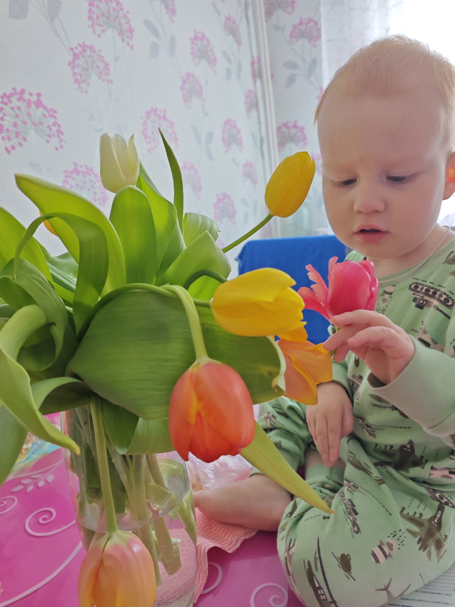 A fair-skinned toddler with reddish-blond hair, wearing light green patterned pajamas, is sitting on a pink surface next to a clear glass vase filled with tulips. The tulips are of various colors including white, yellow, orange, and pink. The toddler is holding a pink tulip in their right hand and appears to be examining it. The background features a wall with a floral wallpaper pattern consisting of white flowers with pink accents. The location is Markovskii, Russia.