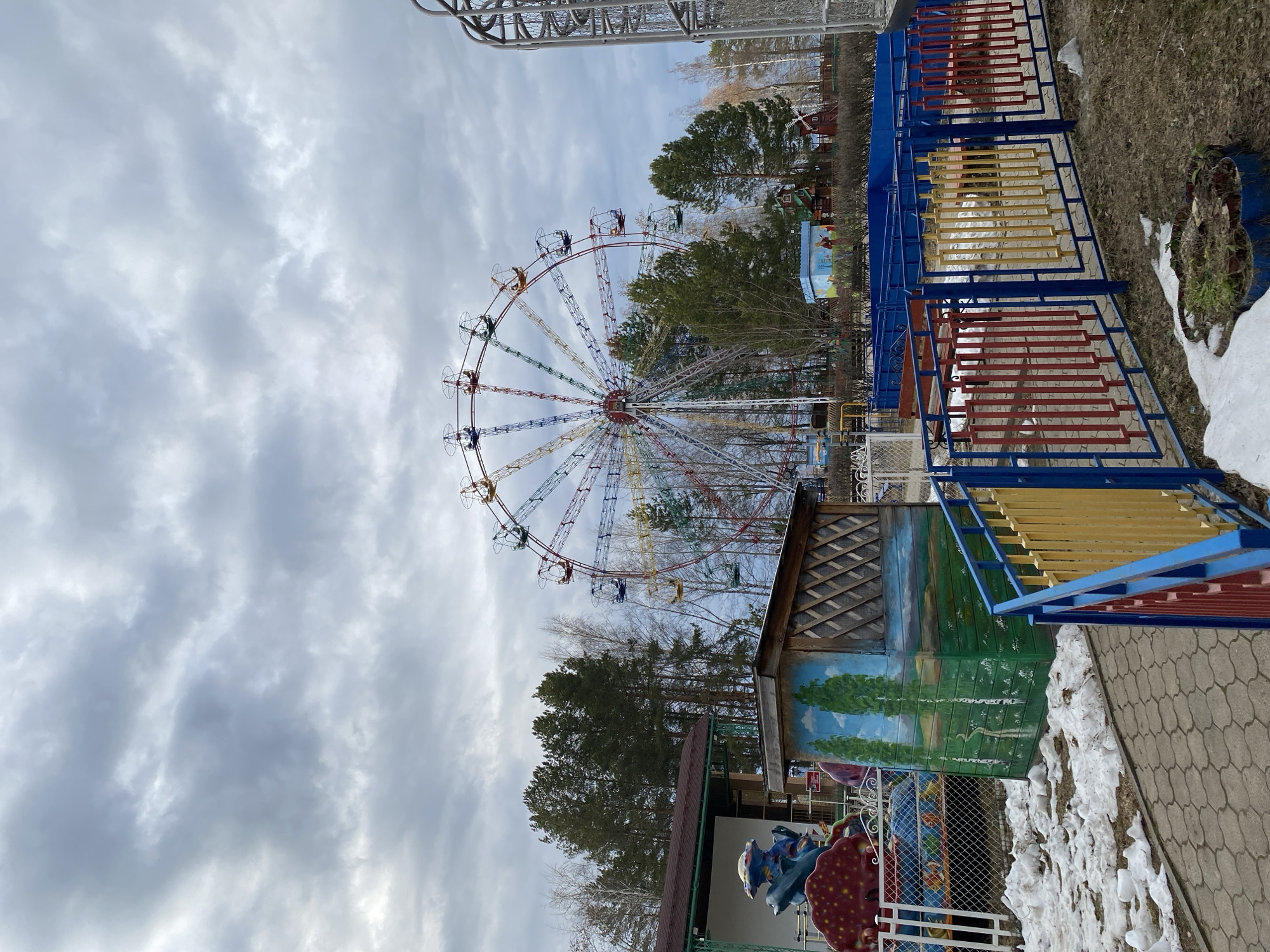 This image captures a quiet amusement park scene in Chaikovsky, Russia, under an overcast sky. The time of day appears to be daytime, though the heavy cloud cover prevents bright sunlight.
The main subject is a large Ferris wheel with numerous colorful gondolas in shades of red, yellow, blue, green, and orange. It stands prominently against the grey sky, with several tall coniferous trees, likely pines, and some bare deciduous trees visible around and behind it.
In the foreground and to the right, bright blue metal railings with rectangular red and yellow inserts define a pathway or enclosure. Patches of melting snow are scattered across the ground, interspersed with exposed dirt and dry, brown grass, indicating late winter or early spring conditions. A paved walkway with hexagonal pavers is also visible.
To the right of the Ferris wheel, a wooden structure, possibly a kiosk or maintenance building, features painted murals depicting landscapes with trees and a sky. Part of another amusement park ride, possibly a small carousel or themed attraction with sculpted, colorful figures (red and blue), is partially visible in the bottom right corner, behind a wire fence. The park appears deserted, with no people visible, suggesting it might be closed for the season or due to the weather. No discernible text is visible in the image.
