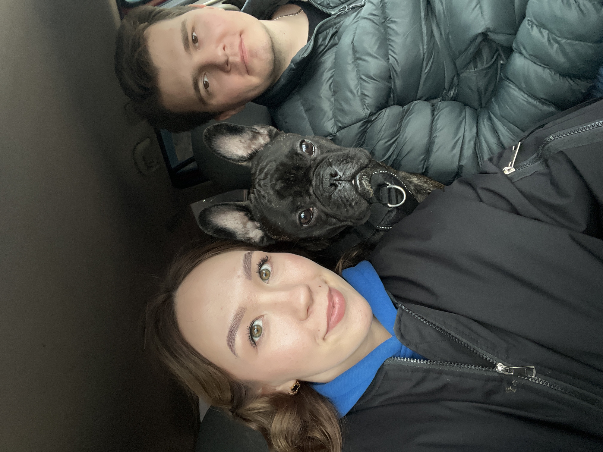 This media file captures a group portrait of two young people and a dog, likely taken inside a vehicle. The image is rotated 90 degrees counter-clockwise, giving the impression that the subjects are lying down on their backs.
In the upper portion of the frame (when viewed in its original rotation), a young man is visible. He has short dark hair, light skin, and is wearing a dark, possibly charcoal-grey, puffer jacket. He has a gentle smile and looks towards the camera with a calm expression.
Next to him and situated between the two individuals is a black French Bulldog. The dog has dark eyes, characteristic bat-like ears, and is wearing a dark harness with metal D-rings. It is looking directly at the camera with an alert and curious gaze.
Below the dog, a young woman is seen. She has light brown hair, striking green eyes, and light skin, with a slight smile on her lips. She is wearing a black zippered jacket over a vibrant blue hoodie. A small gold-colored earring is visible in her left ear. Her expression is friendly and relaxed as she looks at the camera.
The setting appears to be the interior of a vehicle, possibly a car or van, suggested by the dark, nondescript background, which resembles upholstery or interior paneling. The lighting is soft and even, without harsh shadows, implying an enclosed space or low light conditions. The puffer jackets worn by both people suggest cooler weather. The overall mood of the image is relaxed and content, capturing a casual moment of companionship, potentially during travel in Noviy, Russia. There is no visible text within the image.