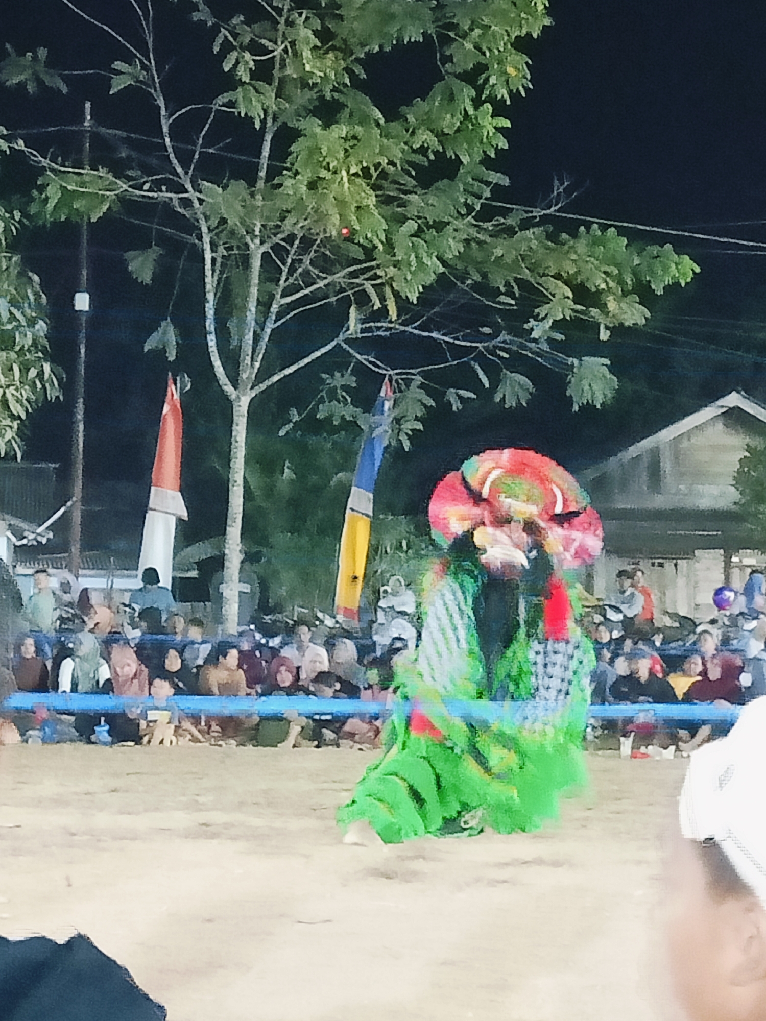 The image depicts an outdoor nighttime event in the city of Selimantan Jaya, Indonesia. In the foreground, a performer in a vibrant, multi-colored costume, likely part of a traditional dance or performance, is in motion. The costume features a large, circular headdress in shades of red, green, yellow, and pink, and a green, frilled lower body. Behind the performer, a crowd of spectators is seated on a blue bench, facing the performance area. The background shows a building and trees, with flags—one red and white, and another blue and yellow—visible on poles. The ground appears to be a sandy or dirt surface. The overall atmosphere suggests a community gathering or festival.