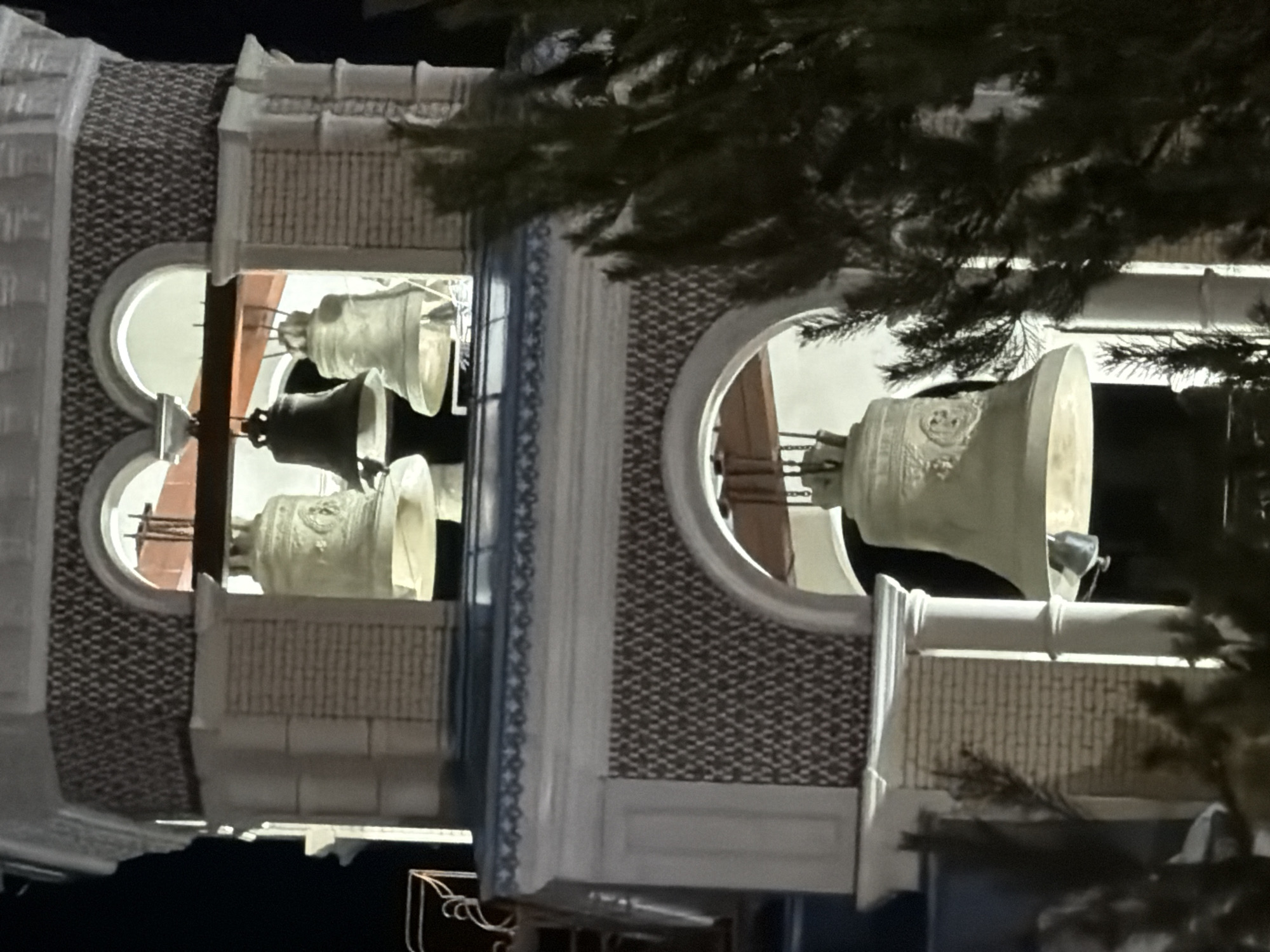 The image shows a close-up, low-angle view of a bell tower. The tower is ornate, with a decorative brick pattern and arched openings. Large bells are visible within these openings. The tower is located in the city of Izhevsk, Russia. A tree branch partially obscures the view of the right side of the tower. The sky is dark, suggesting the image was taken at night.