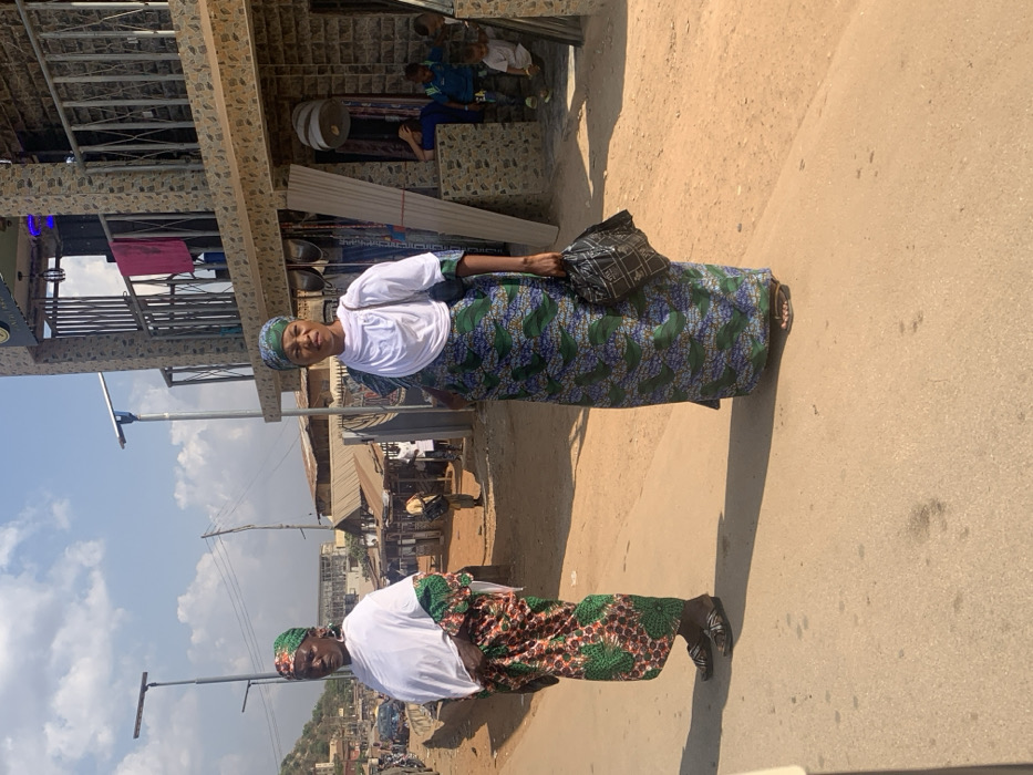 The image depicts an outdoor street scene in Egbedi, Nigeria, under bright daylight with a clear sky and scattered clouds. In the immediate foreground, two adult women of dark complexion are standing on a light-colored asphalt road. The woman on the left wears a white short-sleeved top over a long, patterned wrapper featuring green, red, and brown motifs, with a matching headwrap and dark sandals. The woman on the right, positioned slightly closer to the camera, wears a white short-sleeved top with a white cloth draped over her left shoulder, a long patterned wrapper in blue and green, a matching headwrap, and dark sandals. She holds a black plastic bag in her left hand.
To their right, the road transitions to a light brown dirt shoulder leading to a two-story building with a textured stone-tile facade in beige and brown tones. The ground floor features an open entrance with various items hanging, possibly merchandise, and a stack of light-colored panels leaning against the wall. Several children are visible near this entrance, some crouching or sitting. The upper floor of the building has a balcony with metal railings, from which a red cloth is hanging, and a sign partially reading "NEW AB..." is visible above.
In the mid-ground, a row of single-story structures with corrugated metal roofs lines the left side of a dirt path parallel to the road. Further down this path, several blurred figures are present. Tall, grey solar-powered streetlights are visible, with one positioned behind each woman. Overhead power lines and poles crisscross the sky. In the distant background on the left, a gentle hill or elevated terrain is discernable. The sun casts distinct shadows to the left and slightly forward of the women.