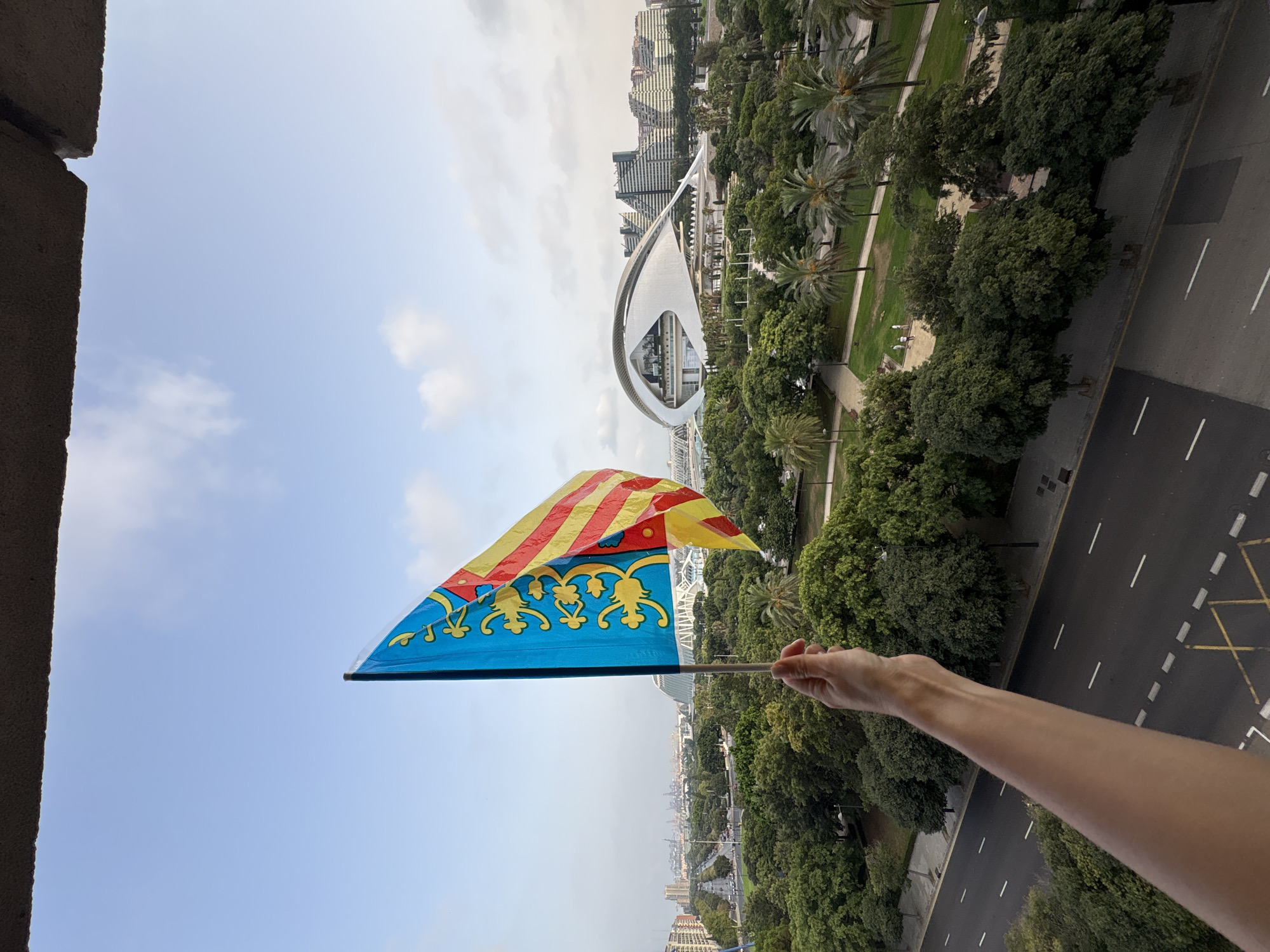 The image captures an elevated view of the City of Arts and Sciences in Valencia, Spain, with a hand holding a Valencian flag in the foreground. The flag, which features a blue field with a coat of arms and red and yellow stripes, is positioned prominently in the left half of the frame, obscuring part of the sky. Behind the flag, the iconic white, shell-like structure of the Hemisfèric is visible, along with other modern architectural buildings that comprise the City of Arts and Sciences. A lush green park, filled with trees and palm trees, stretches across the middle ground, separating the foreground from the futuristic architecture. A multi-lane road with visible lane markings runs along the bottom of the frame, bordered by sidewalks and more trees. The sky above is a pale blue with scattered white clouds.