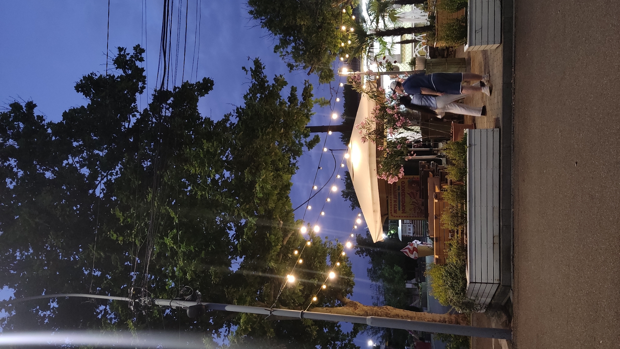 A vertical shot shows an outdoor seating area at dusk in Krasnodar, Russia. String lights with warm bulbs illuminate the scene, hanging between trees and over a white canopy. In the background, palm trees and white chairs suggest a restaurant or cafe setting. Two people, one in a blue shirt and shorts and the other in lighter clothing, are visible near the canopy. A sign with Russian text, "ЛЕТО МЕСТО" and "МОРОЖЕНОГО" (which translates to "Summer Place" and "Ice Cream"), is partially visible. The sky is a deep blue, indicating the transition from day to night. The ground is paved, and there are also wooden planters with greenery. An ice cream cone is visible in the lower right portion of the frame.