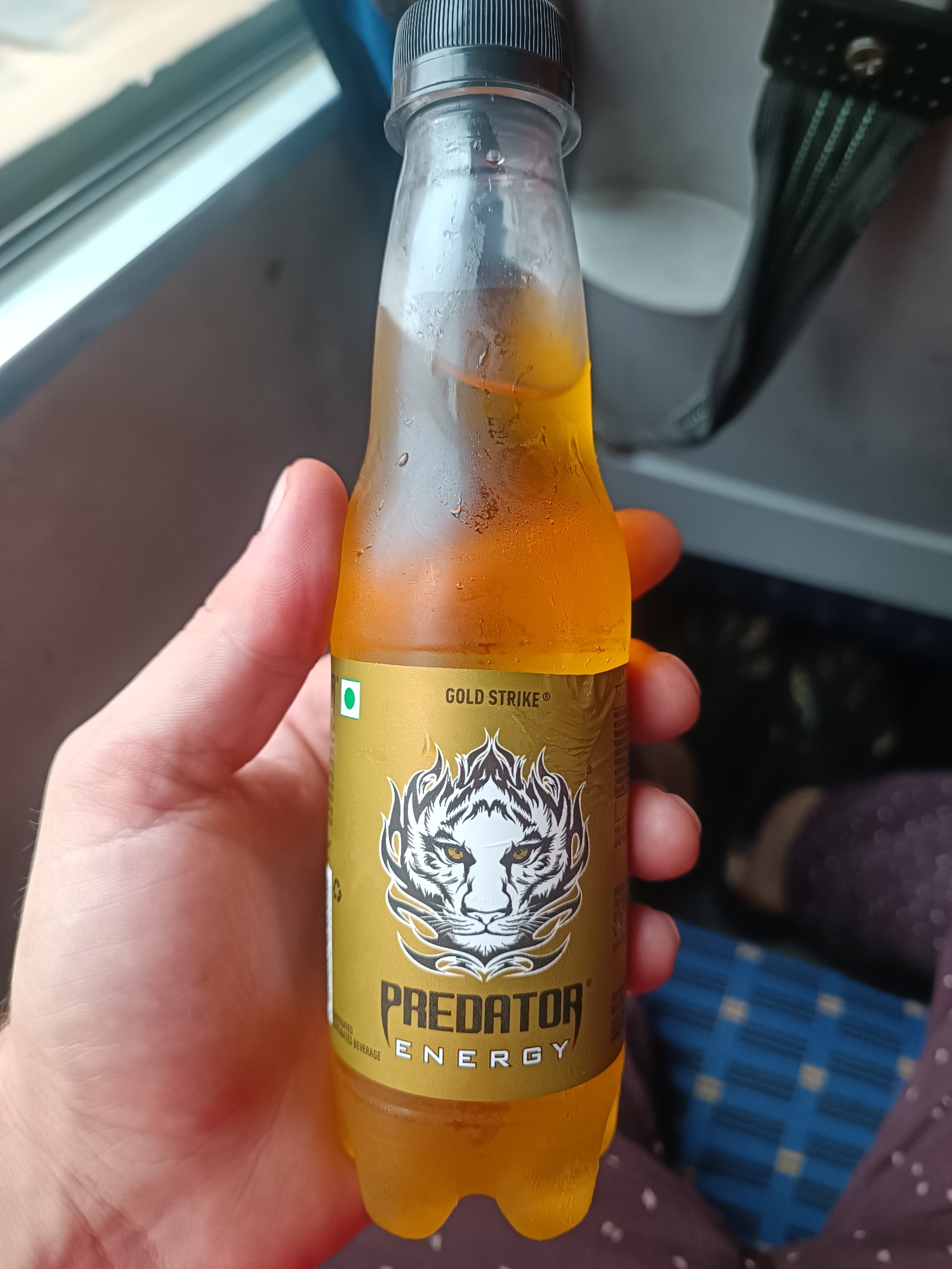 A hand holds a bottle of "Predator Energy" drink, the golden label featuring a stylized tiger's face and the brand name. The bottle is condensation-covered and filled with a yellow-orange liquid. A green dot symbol indicates it is a vegetarian product. The background suggests an indoor setting, possibly a train compartment, with a window visible on the left and patterned fabric on the right. The overall scene is well-lit and focuses on the product.