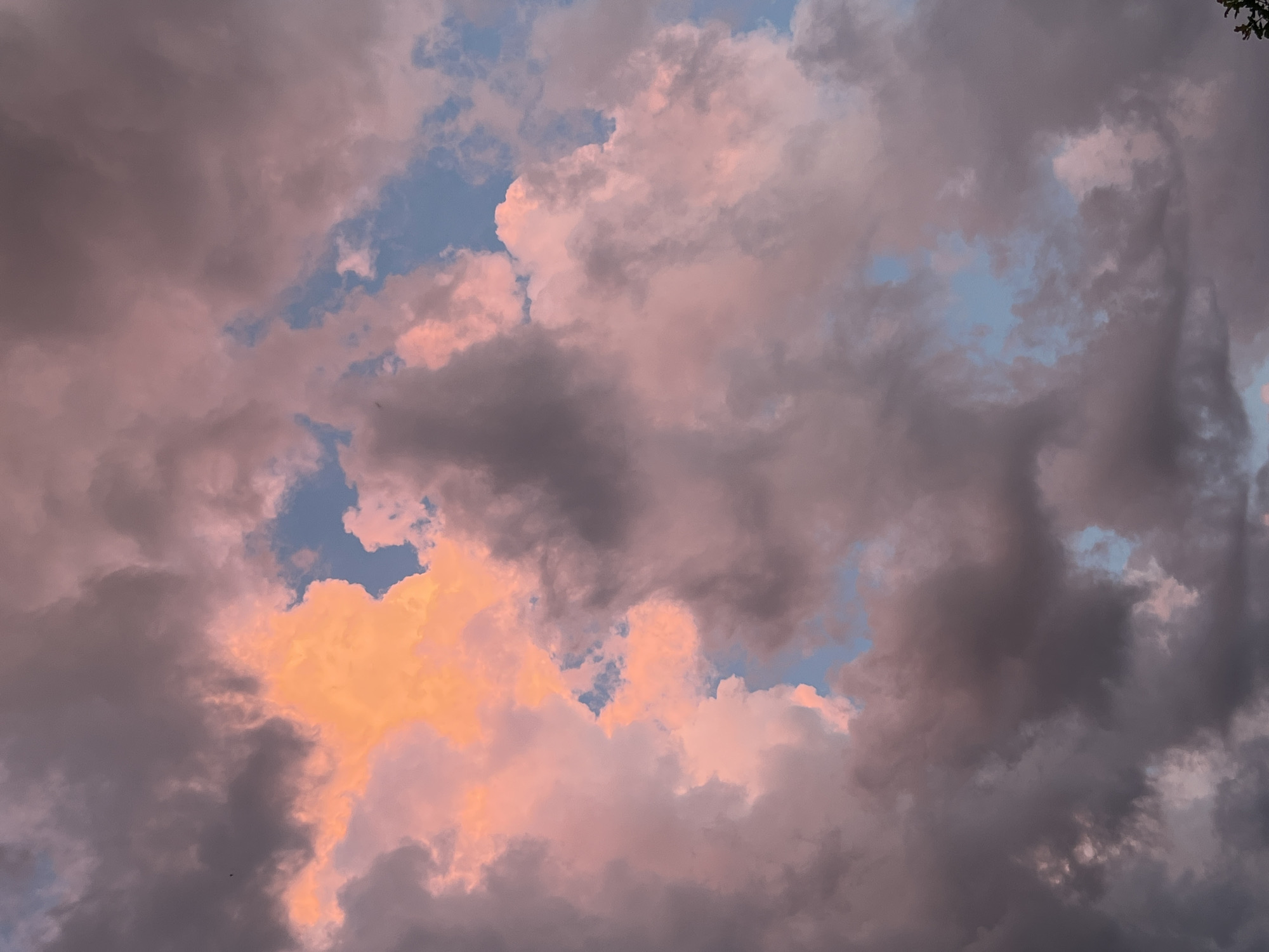 The image displays a dramatic sky filled with a mix of dark grey and pink-tinged clouds. Patches of bright blue sky are visible through the clouds. One prominent cloud formation in the upper left quadrant is illuminated with a vibrant orange glow, suggesting the presence of sunset or sunrise light. The overall impression is one of dynamic weather patterns and striking natural color. The scene is an outdoor environment, likely captured from a ground-level perspective looking upwards. There are no people, structures, or specific landmarks visible in the image, making it impossible to determine the location in Mochische, Russia, or any other specific geographic place.
